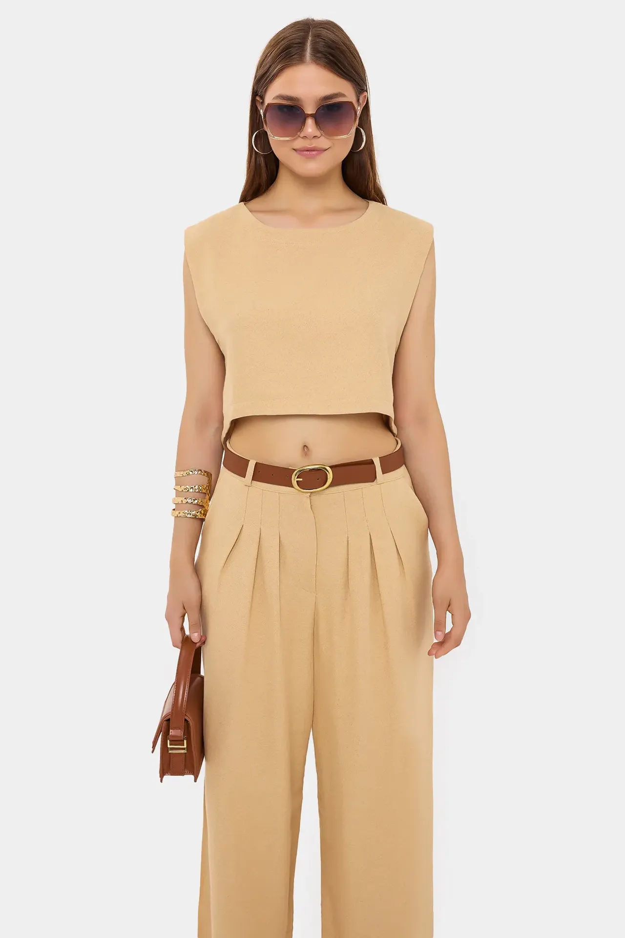 Round Neck Sleeveless Co-ord Set with Belt Detail