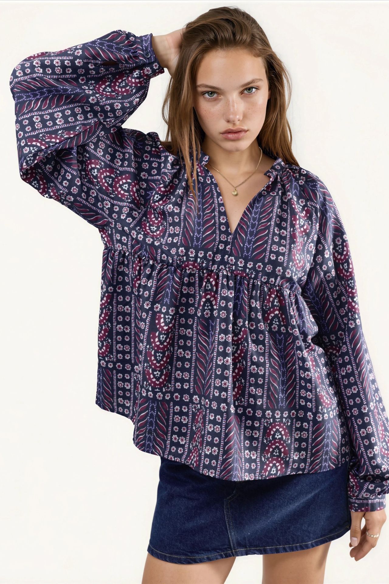Balloon Sleeve Patterned Blouse 2