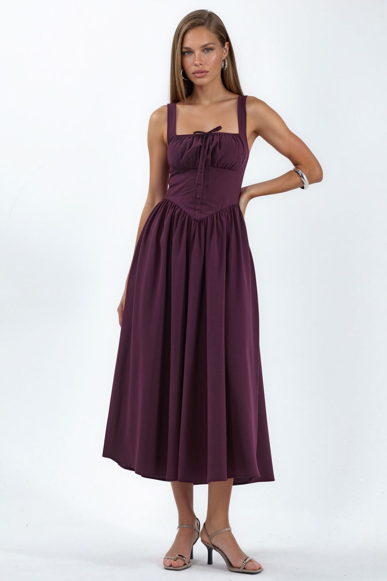 BUSEM Midi Dress with Square Collar and Button Detail 3