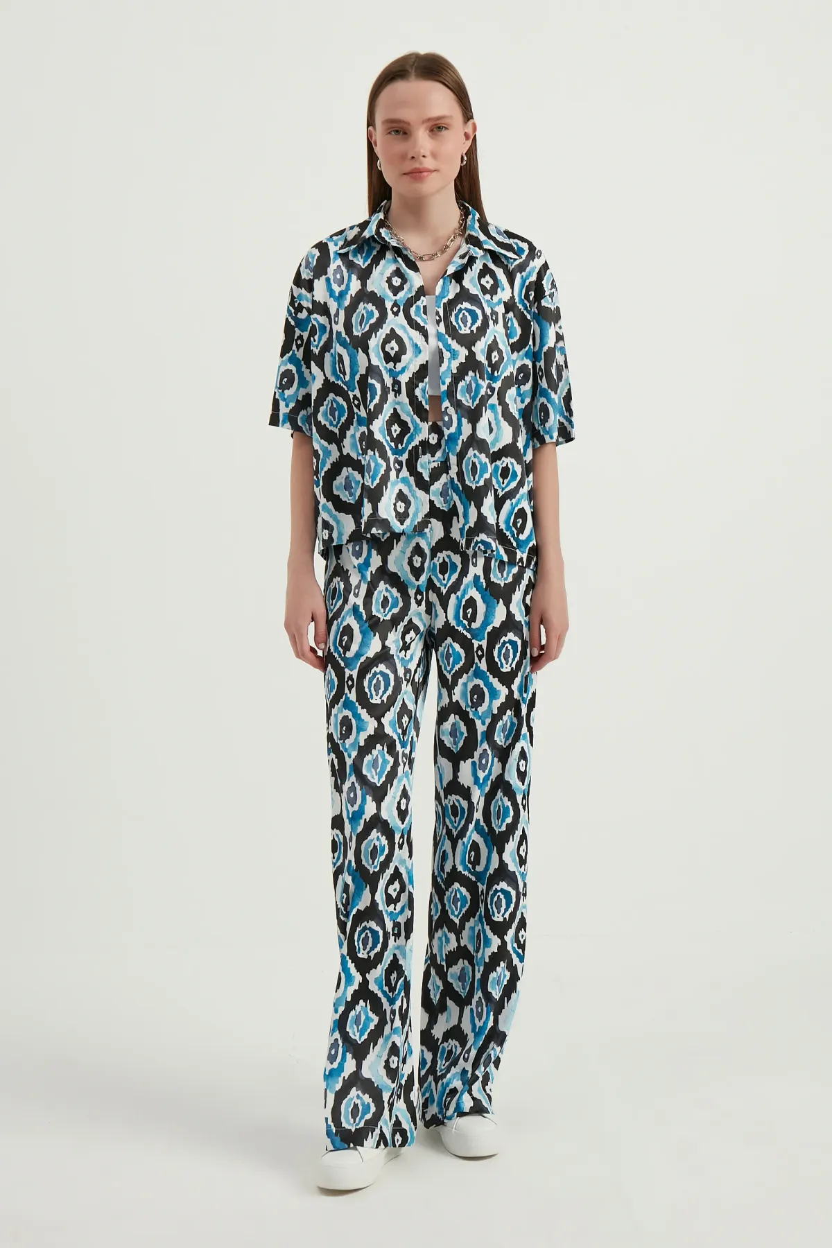 Saten Geometrik Yüksek Bel Boho Pantolon 1