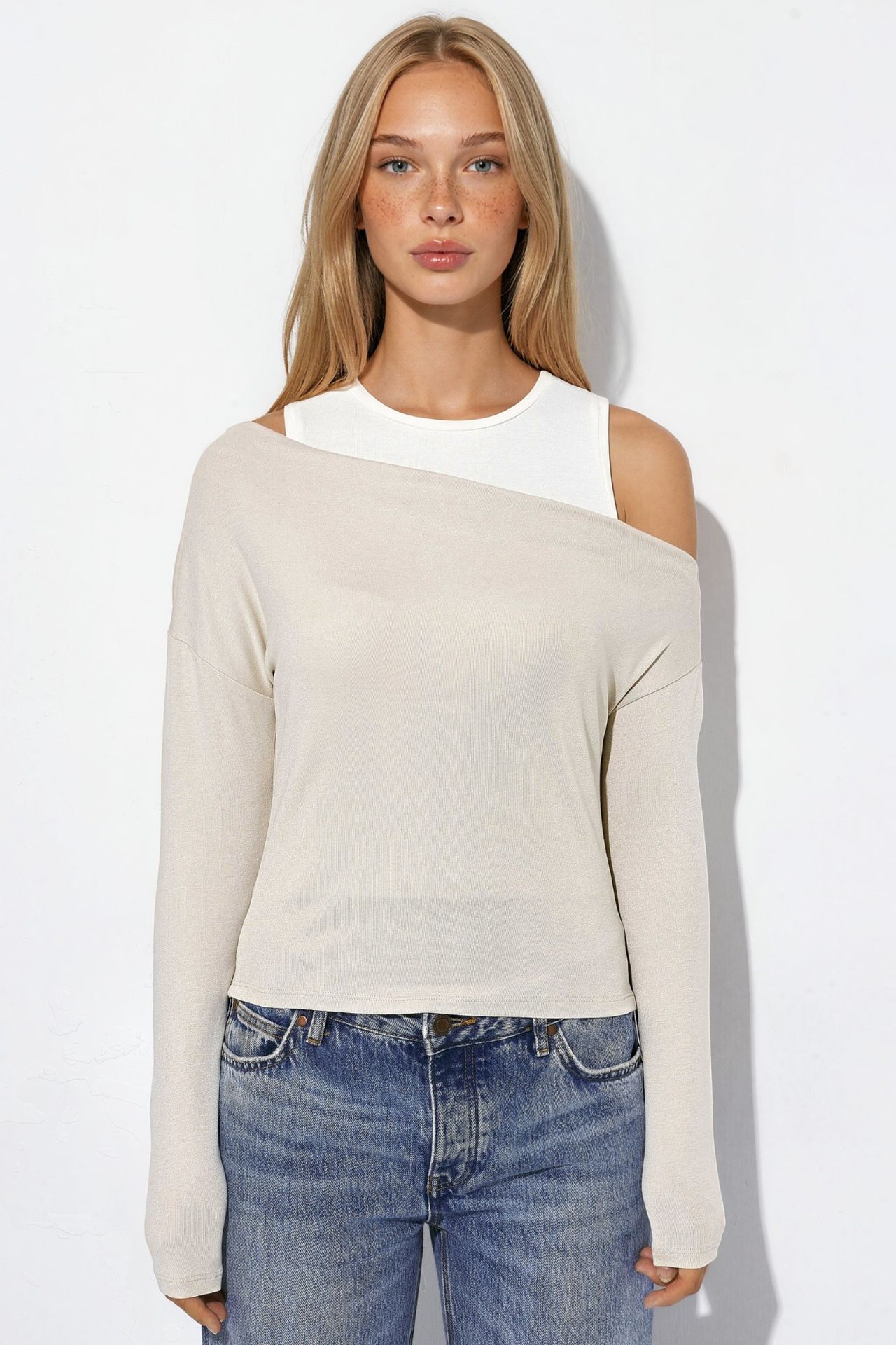 Viscose Blend Layered Long-Sleeve T-Shirt with Asymmetric Neckline 6