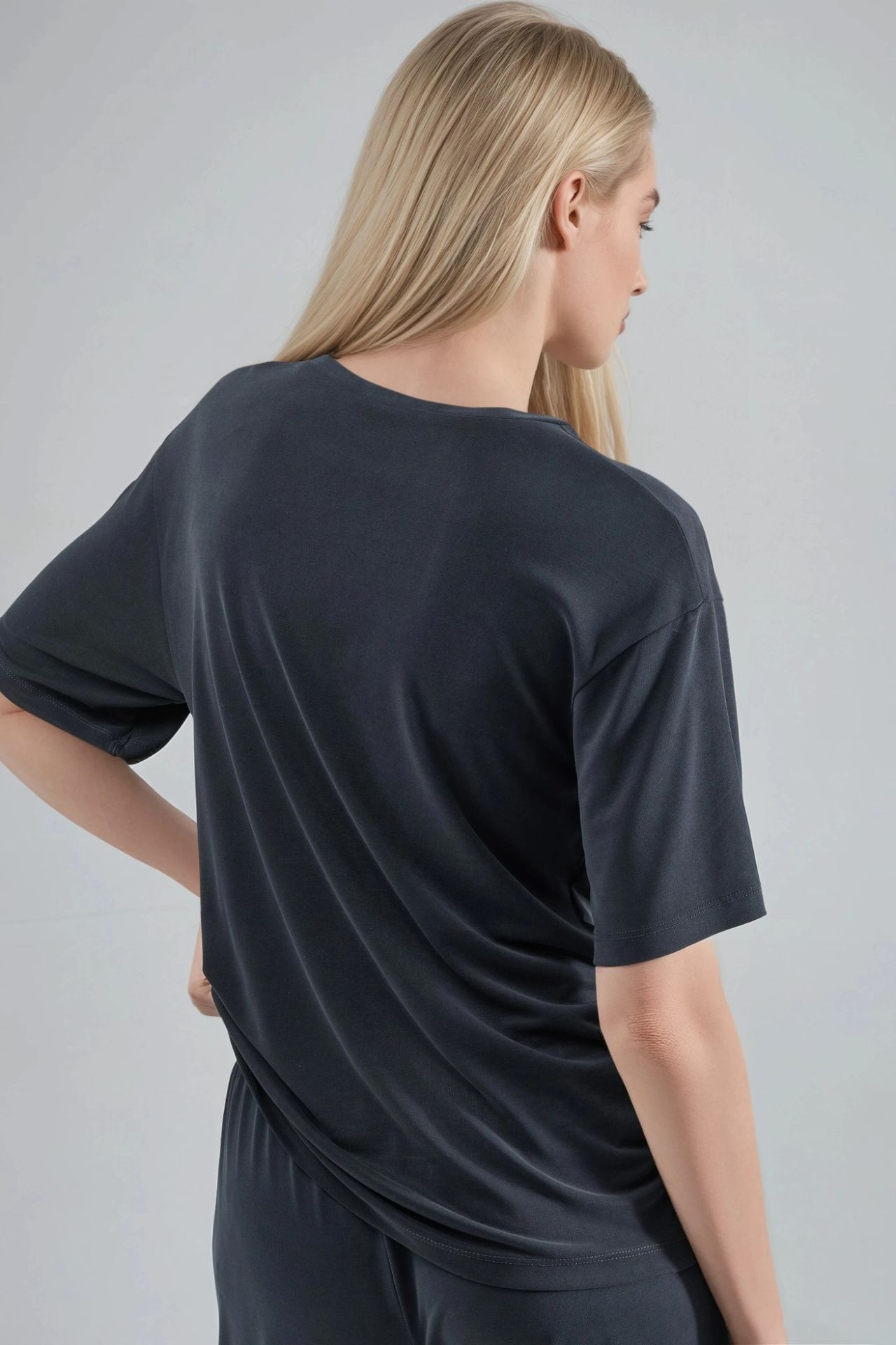 BUSEM Loose Fit Crew Neck Modal Blouse with Tie Detail 3