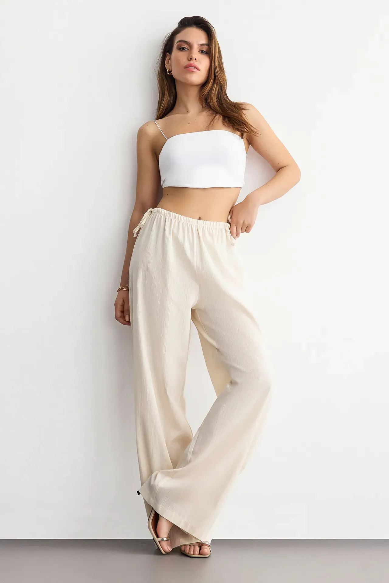 Wide-Leg Drawstring Pants with Bow and Tie-Side