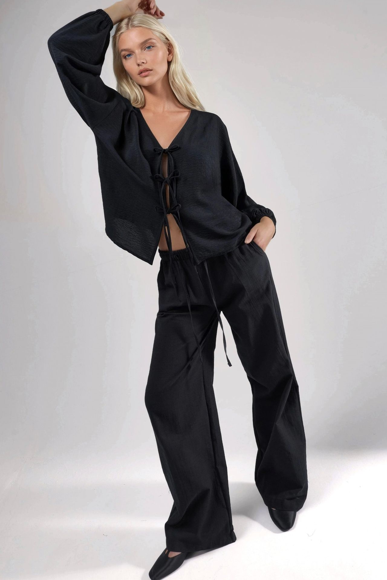 Oversized V-Neck Tie Closure Blouse 6