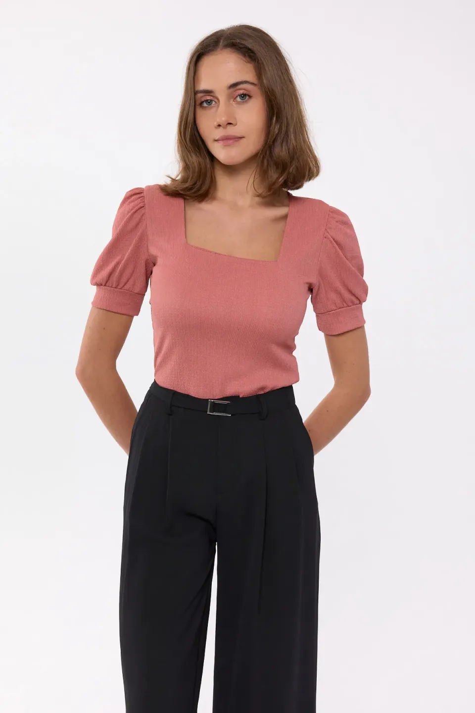 Square-Neck Woven Short-Sleeve Crop Top