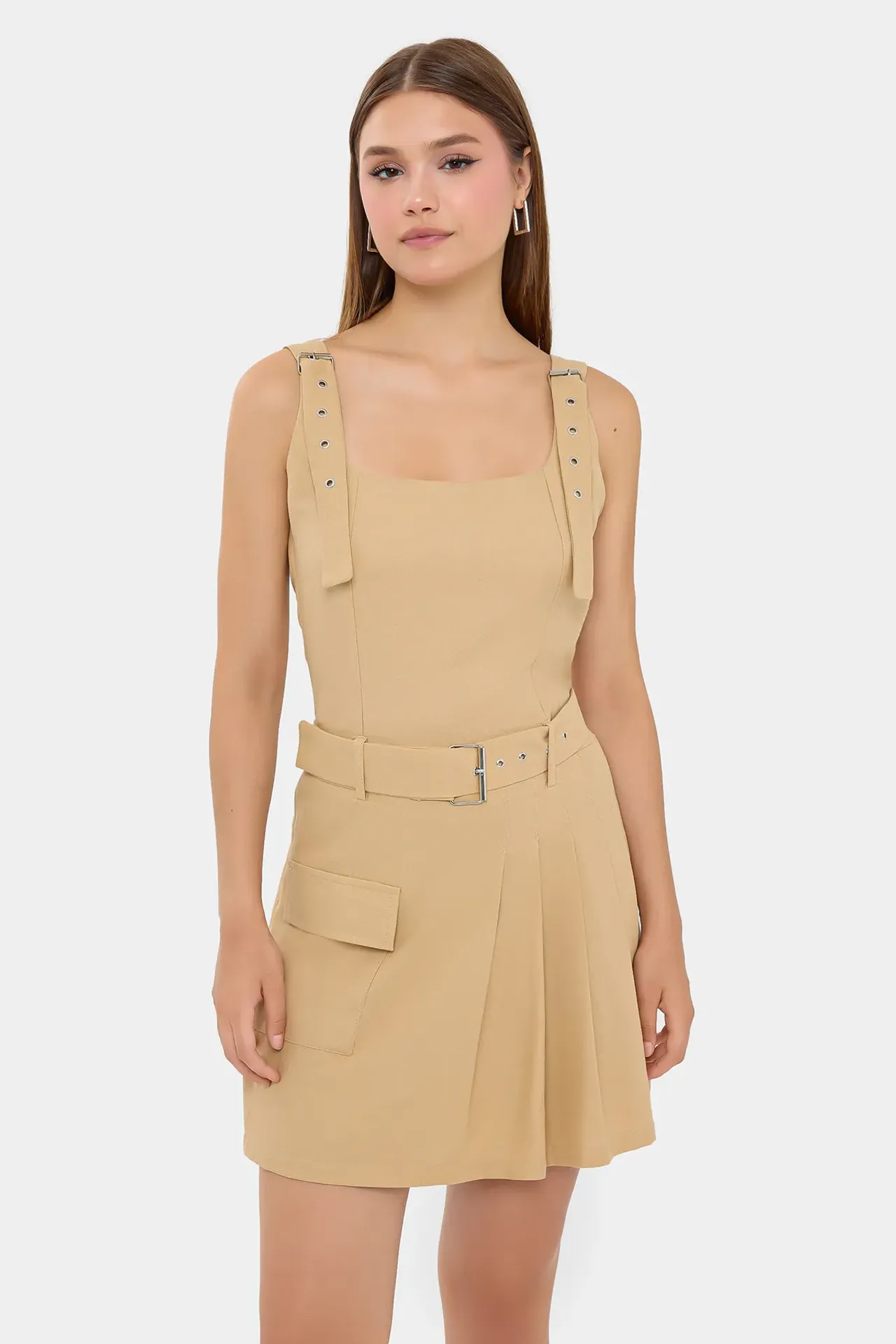 Belt-Detailed Woven Jumpsuit with Pleated Front and Pocket