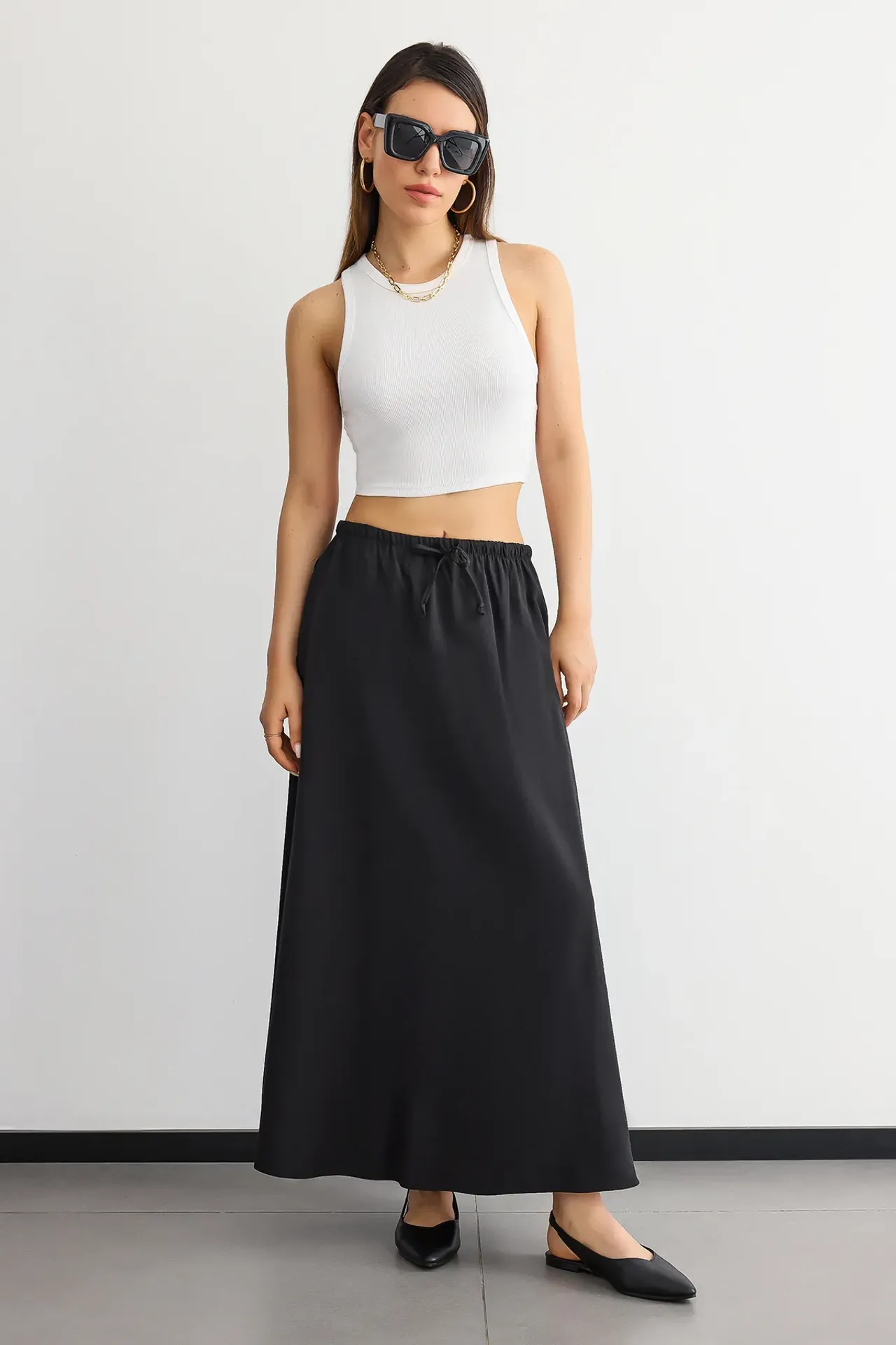 Mid-Rise Maxi Skirt with Drawstring