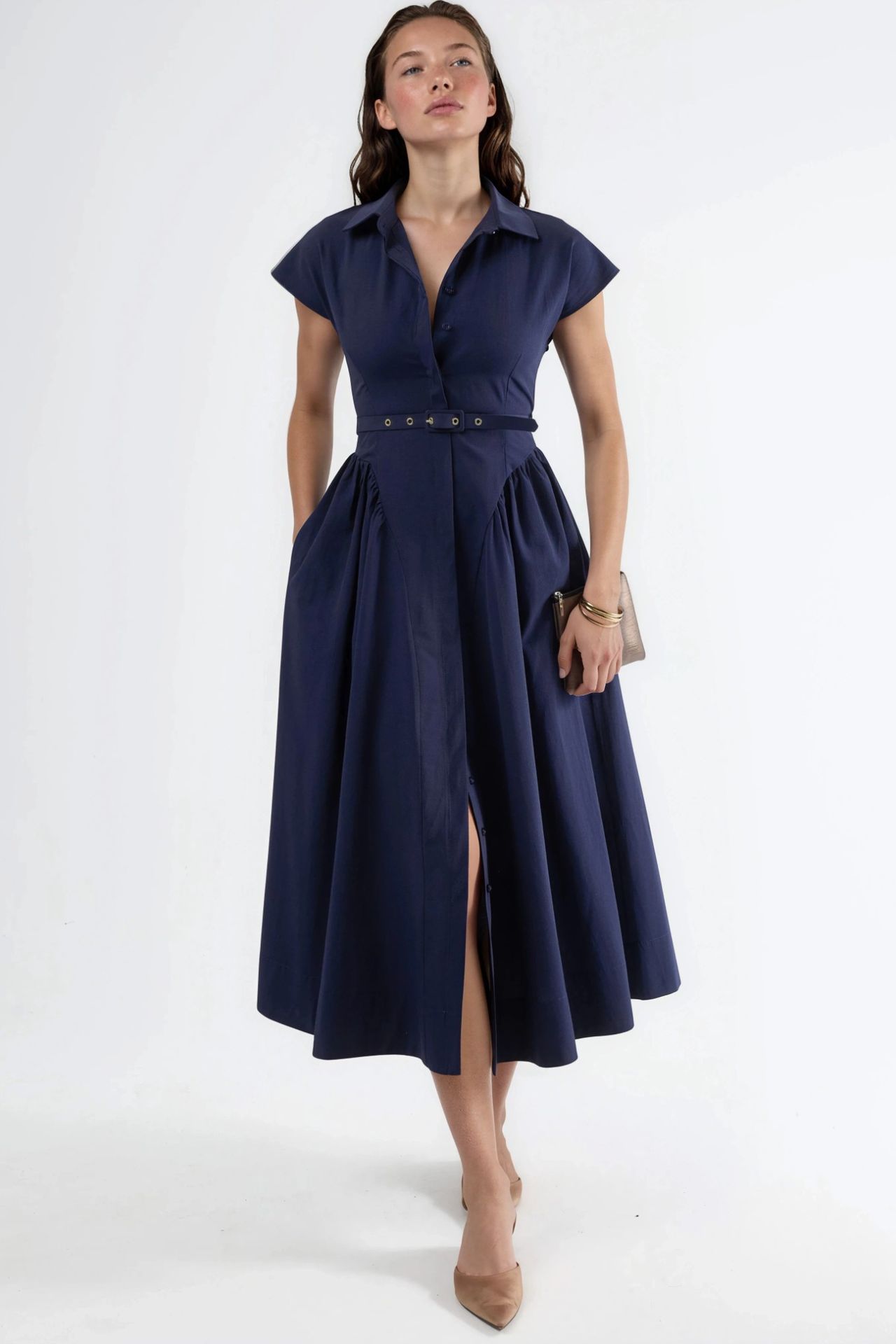 BUSEM Belted Midi Dress with Shirt Collar 1