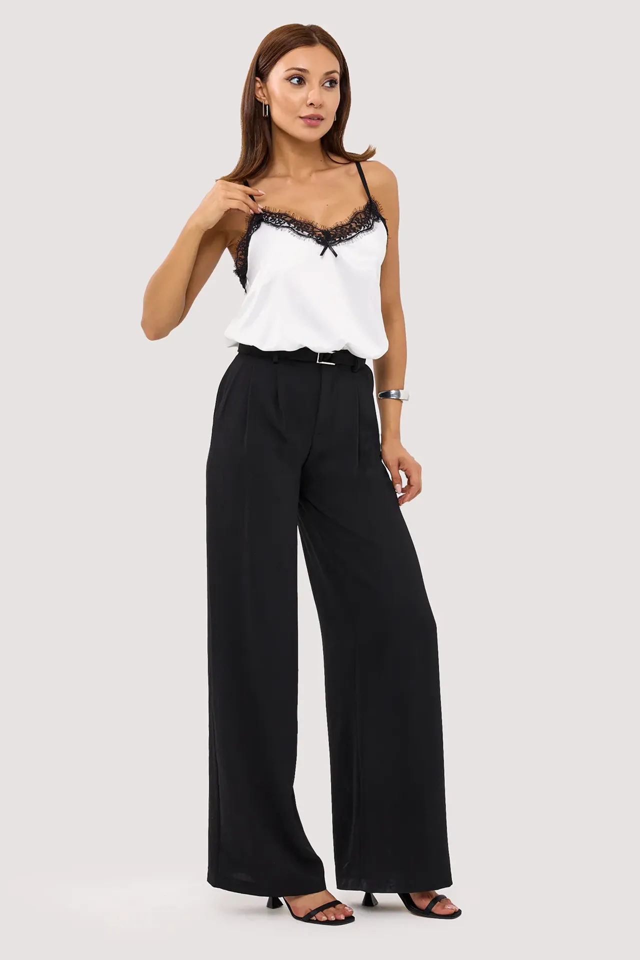 Woven Spaghetti Strap Top with Lace Detail
