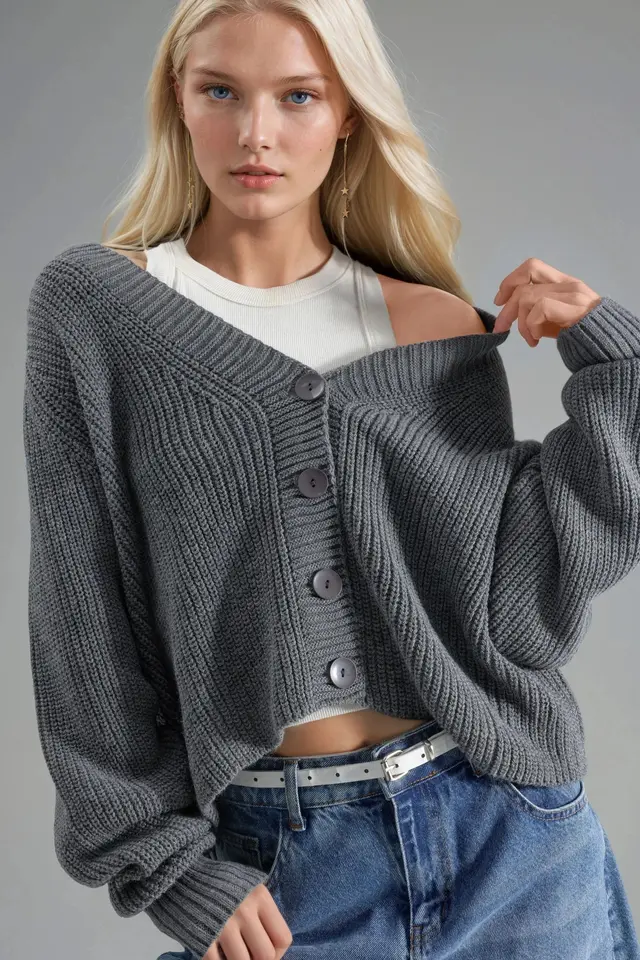 MY FASHION Ribbed Knit Button-Up Crop Cardigan