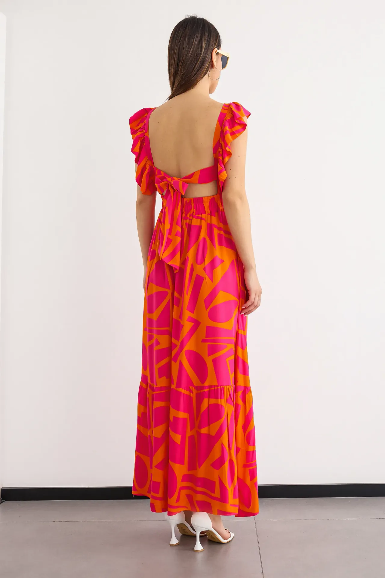 Geometric Tiered Maxi Dress with V-Neck and Back Detail