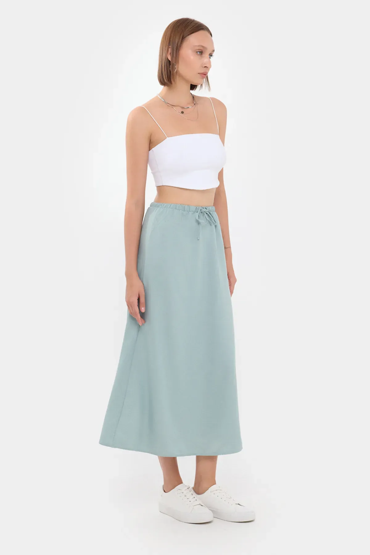 High-Waist Solid Midi Skirt with Drawstring 3