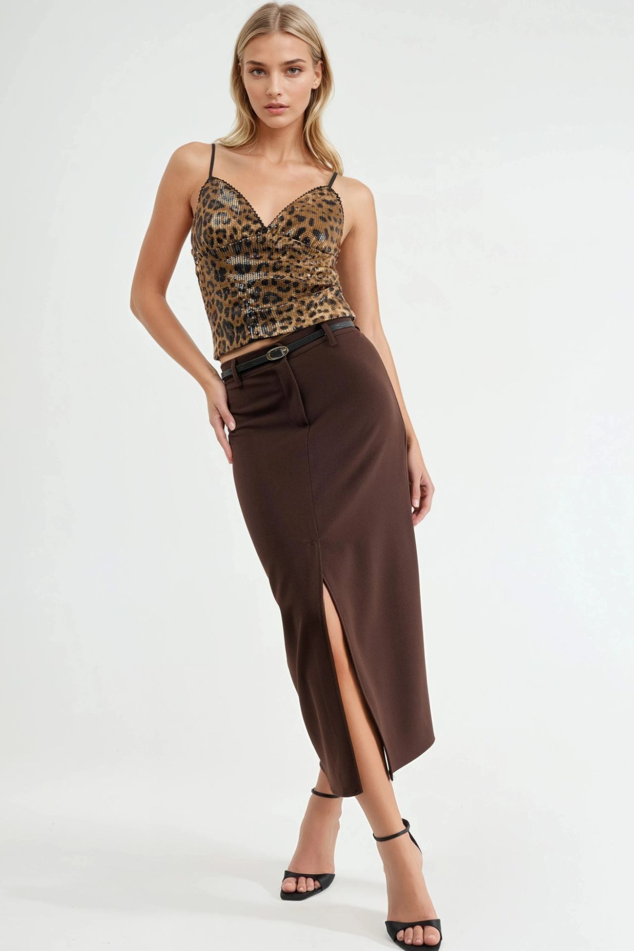 QU STYLE Belted Midi Skirt with Slit 4