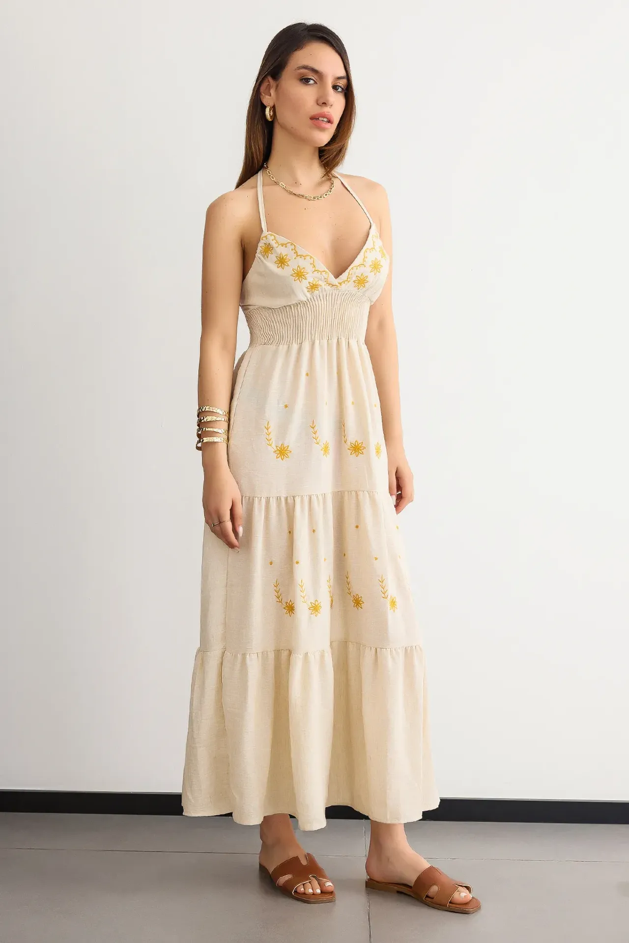 Embroidered Sleeveless Maxi Dress with Smocked Details