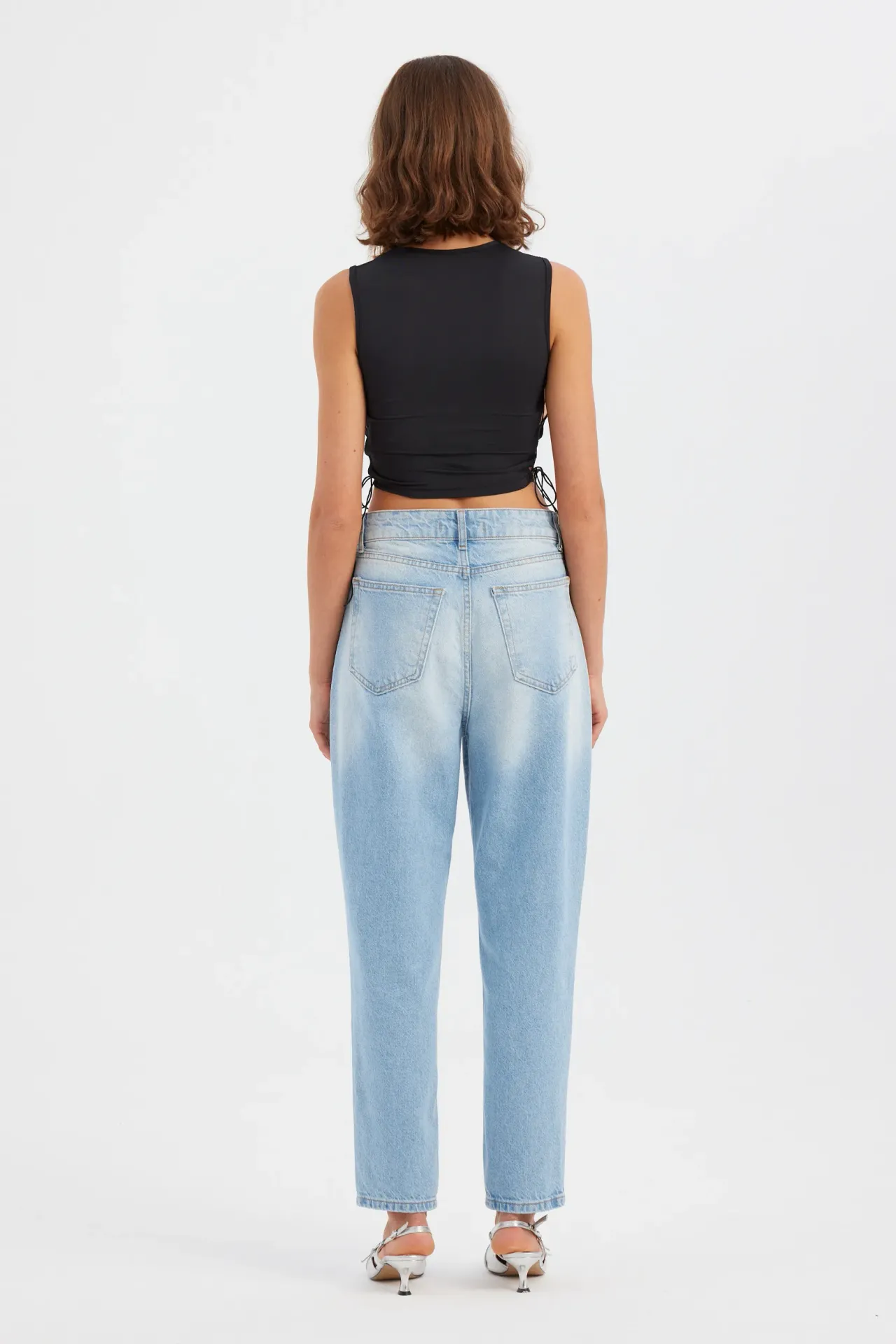 Woven Round Neck Sleeveless Cropped Tank Top with Side Cut-Out