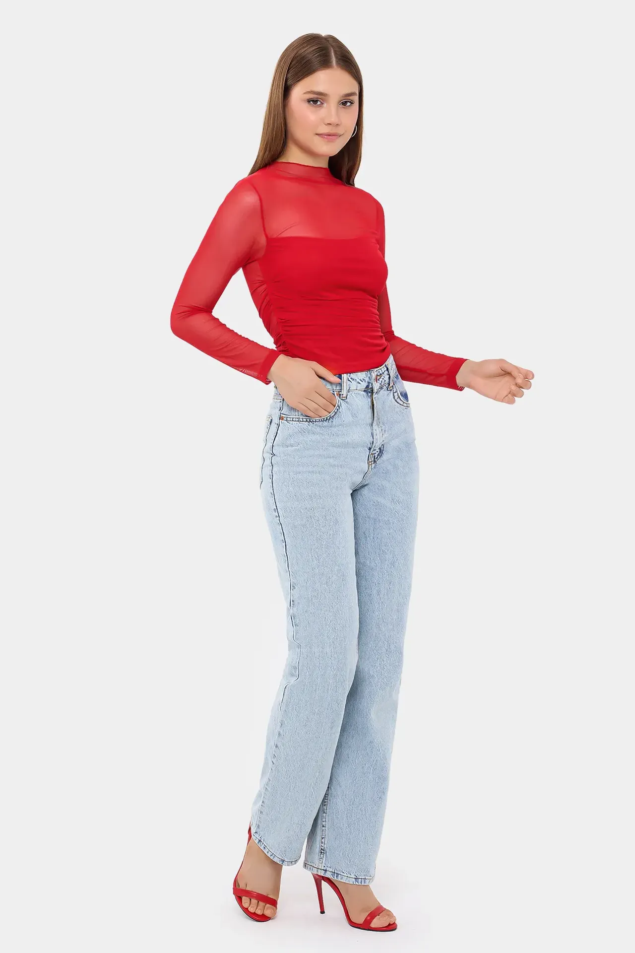 Mesh Cropped High-Neck Blouse with Ruched Detail