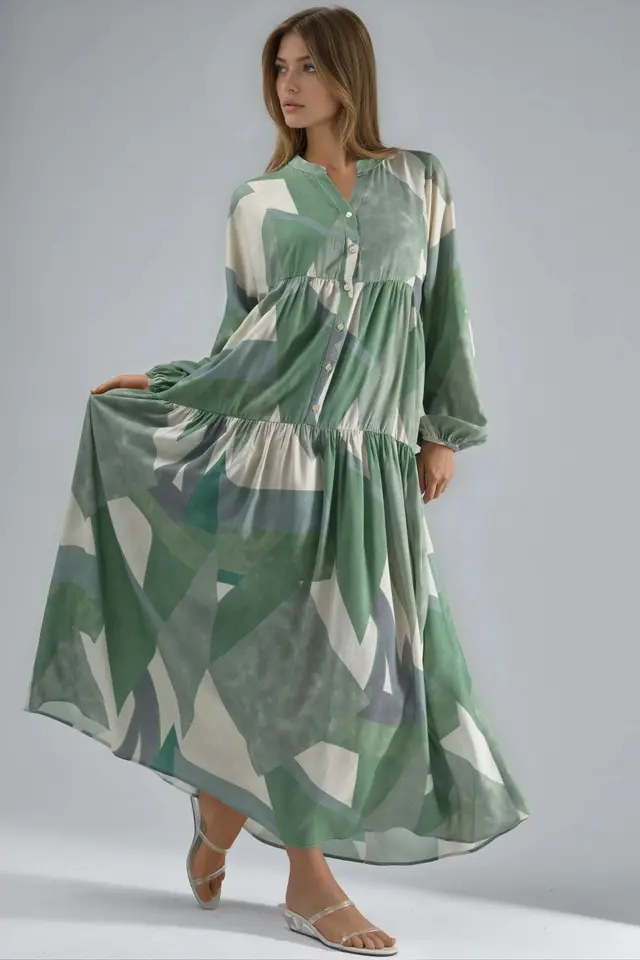 Printed Long Sleeve Viscose Maxi Dress 