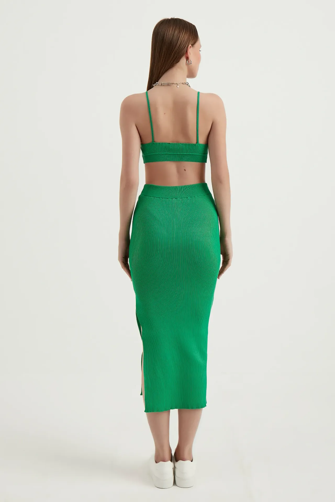 2 Pieces: V Neck Bodycon Crop Top & High Waist Maxi with a Side Slit