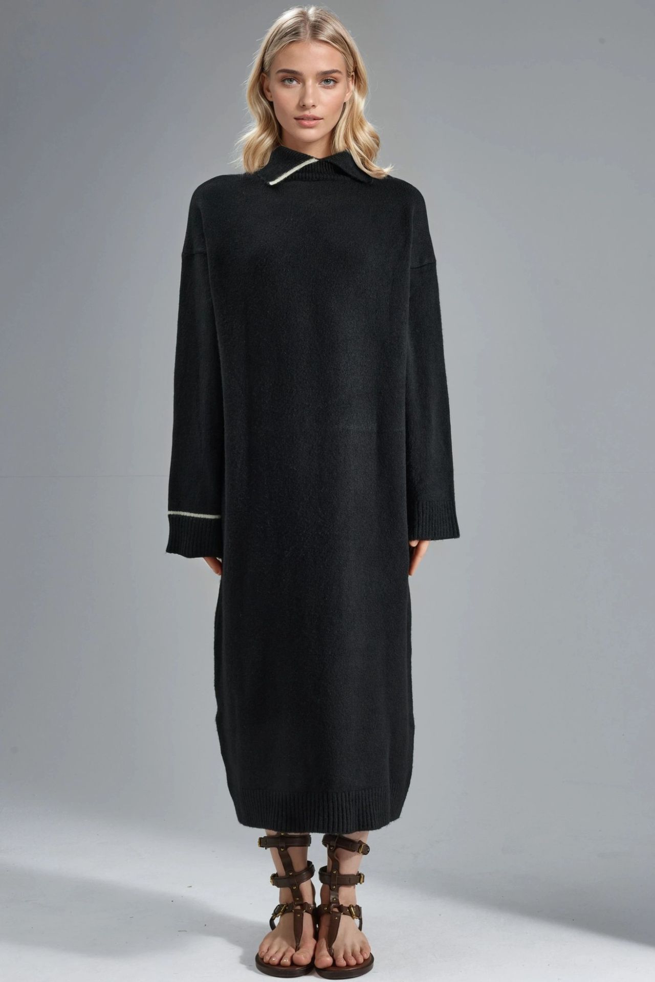 MY FASHION Polo Collar Ribbed Midi Knit Dress 6
