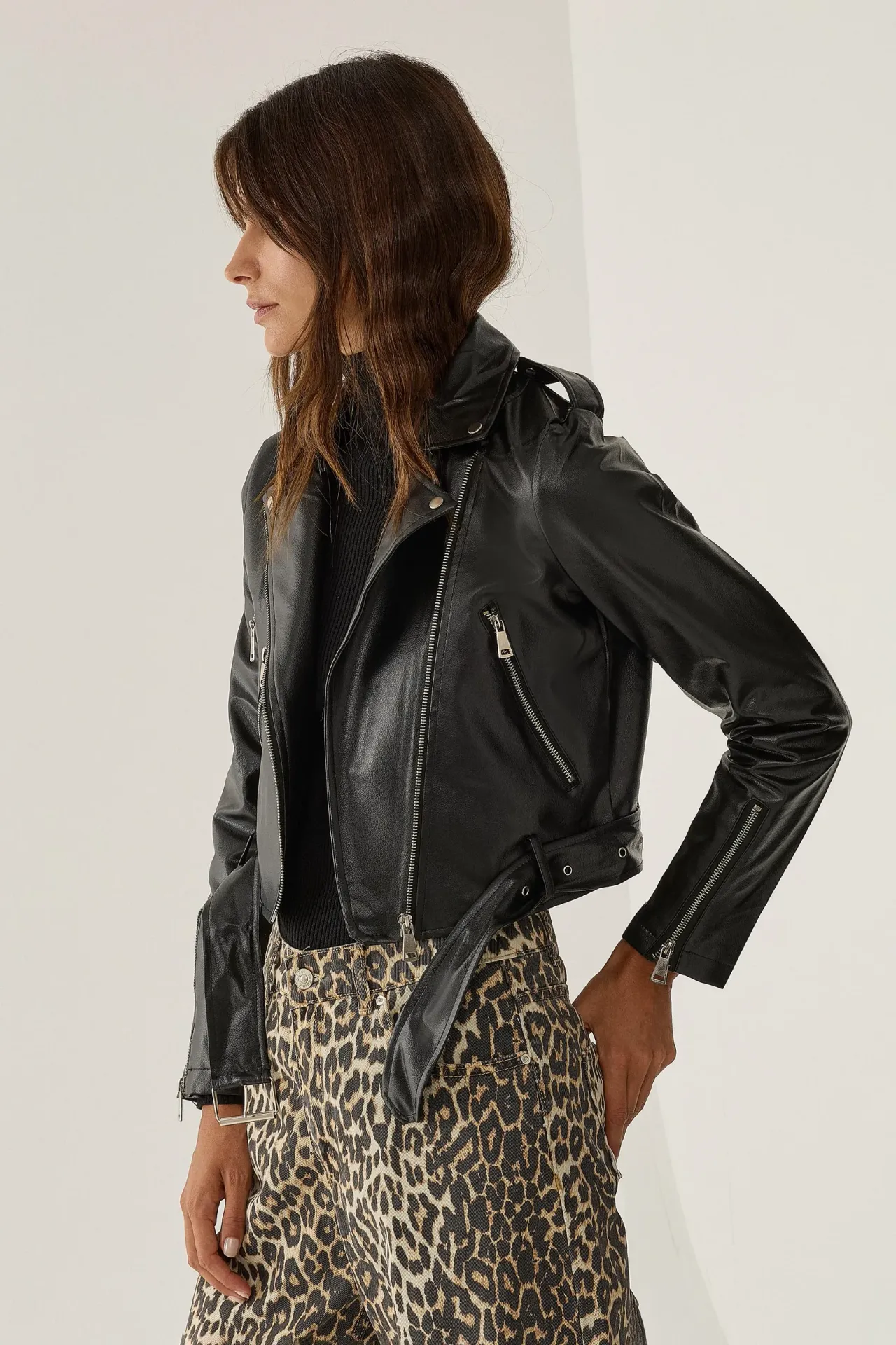 Belted Faux Leather Biker Jacket