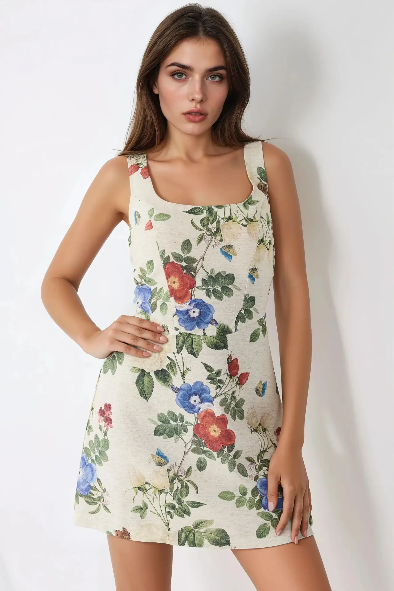 Square Neck Flower Pattern Linen Feel Mini Dress