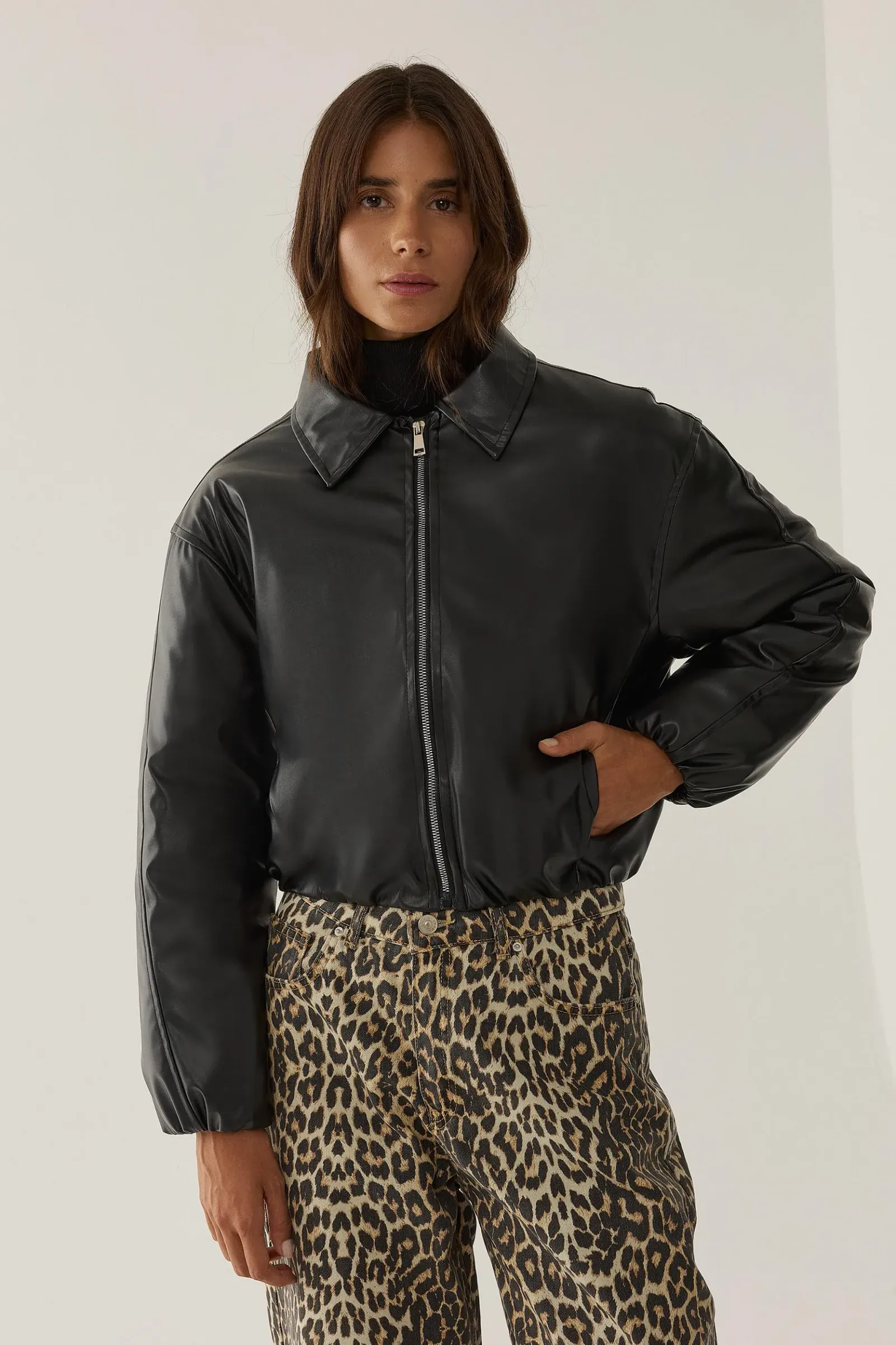 Faux Leather Bomber Puffer Jacket 4