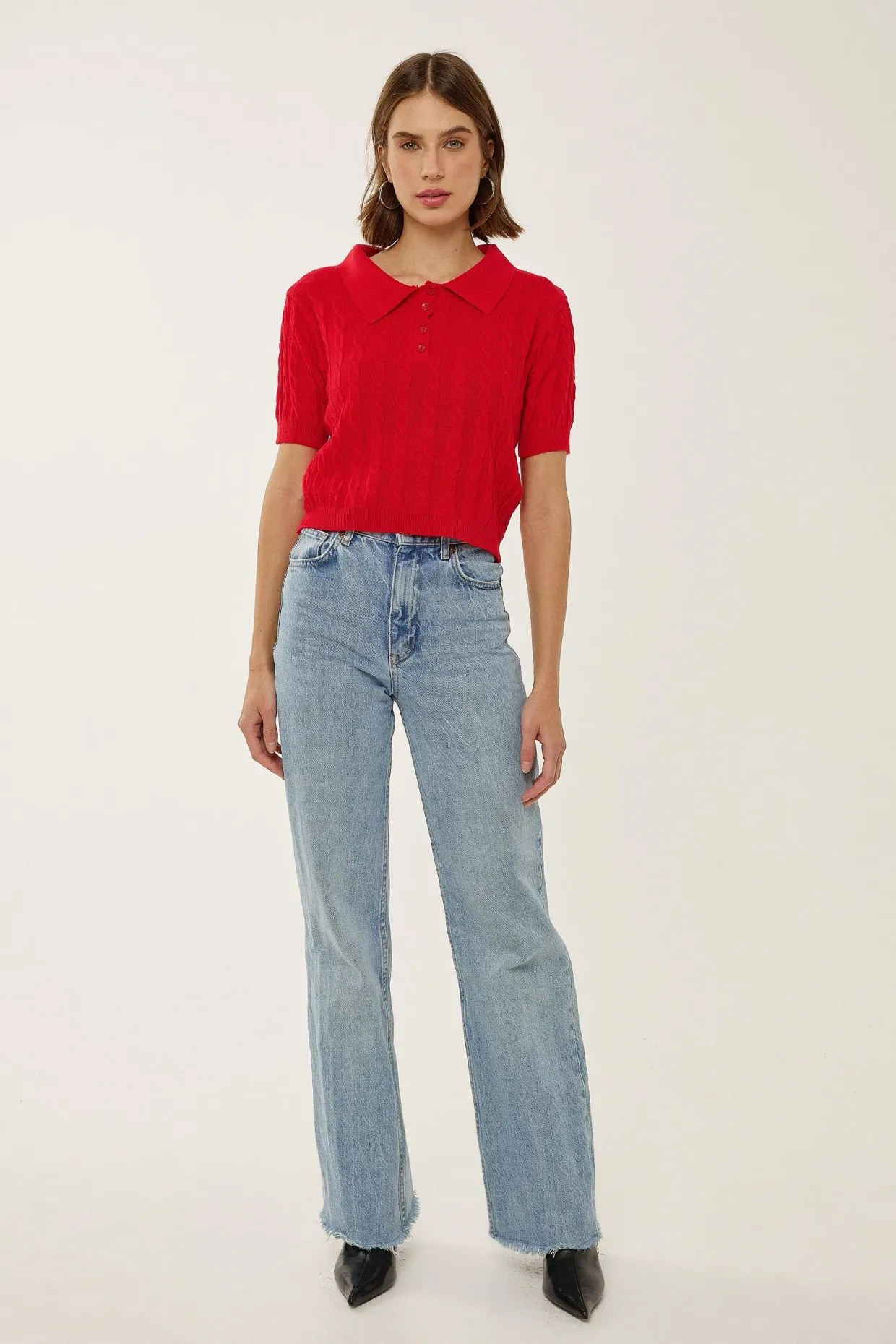 Shirt Collar Knit Top with Hair Braid Pattern 2