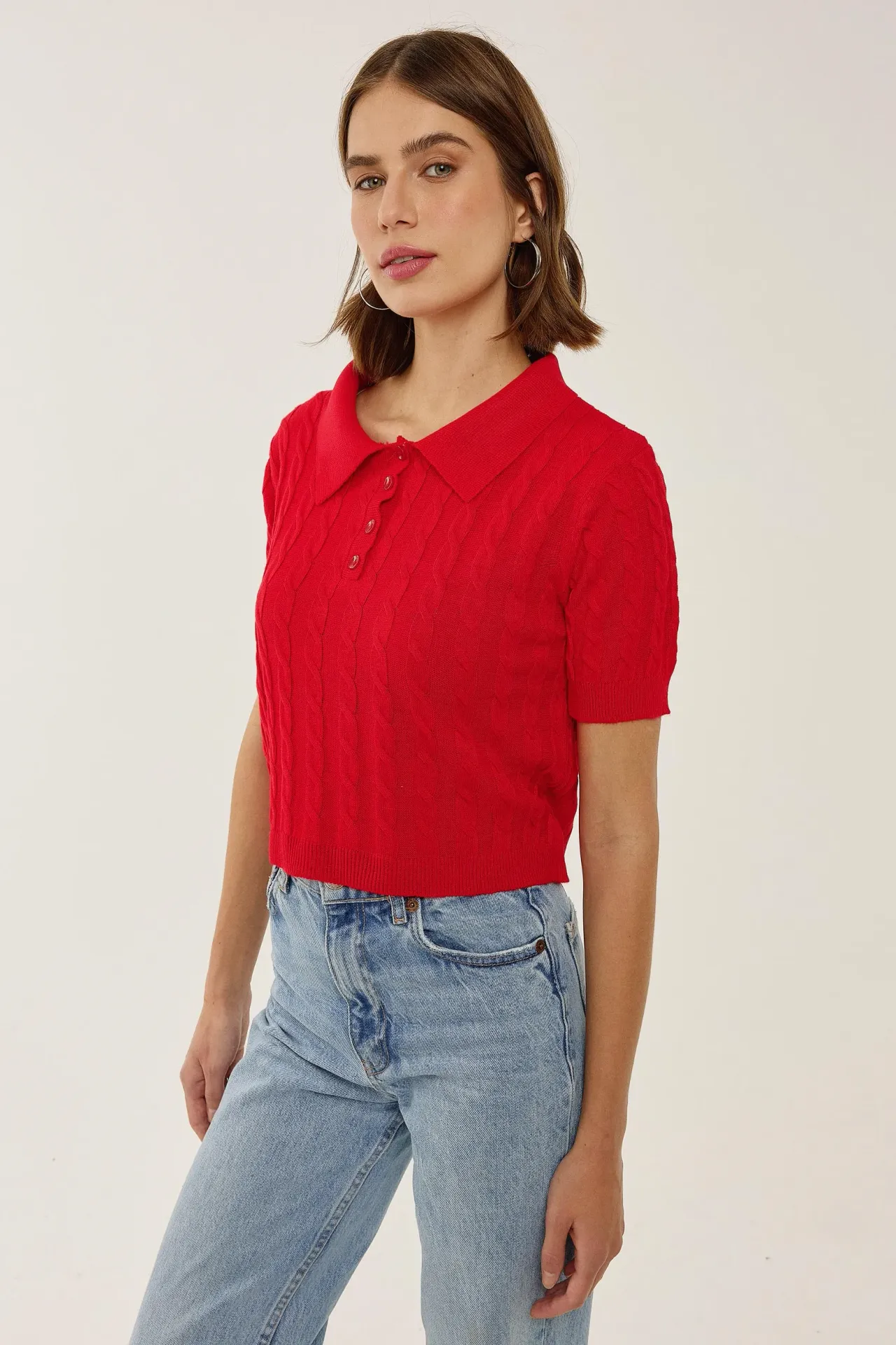 Shirt Collar Knit Top with Hair Braid Pattern