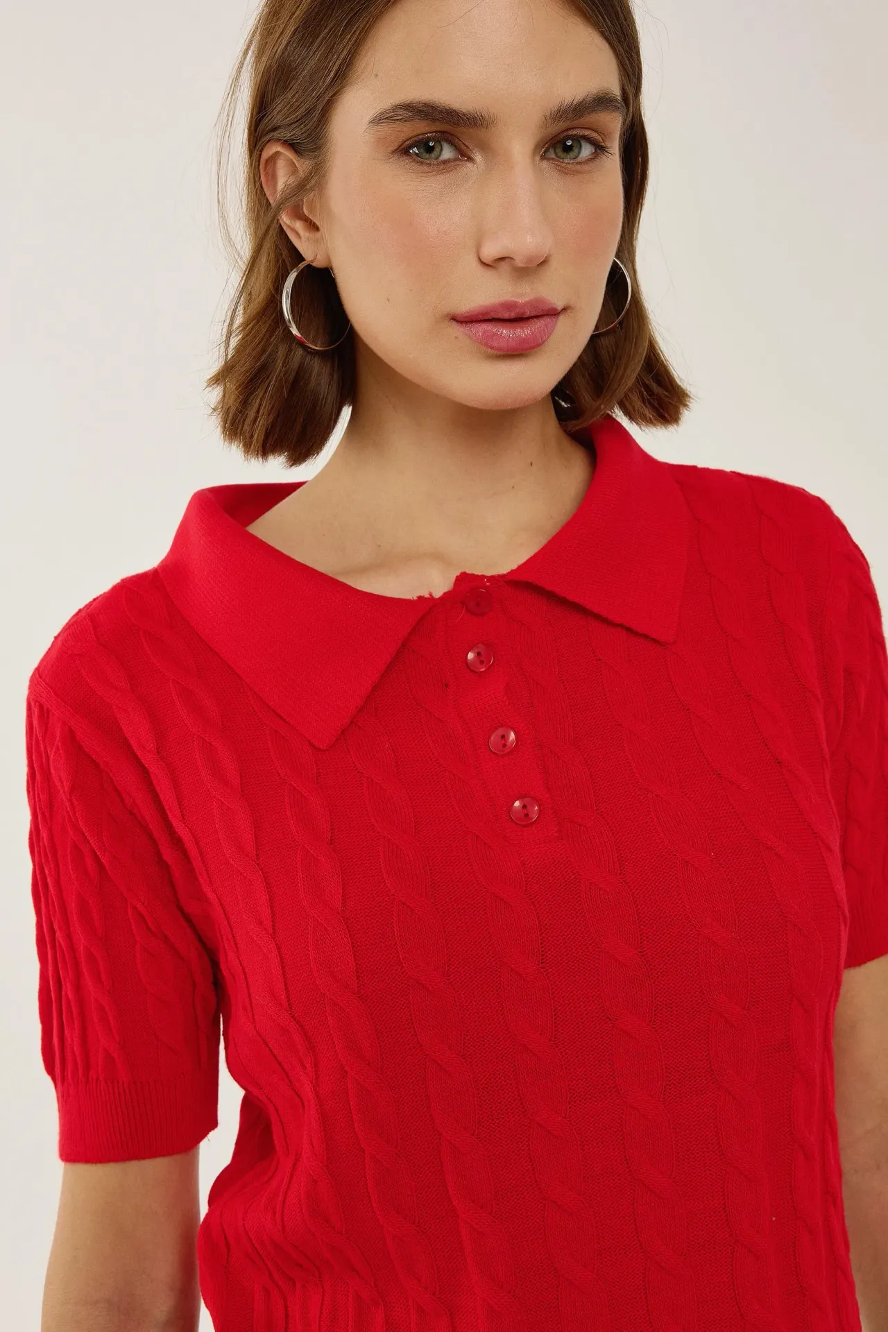 Shirt Collar Knit Top with Hair Braid Pattern