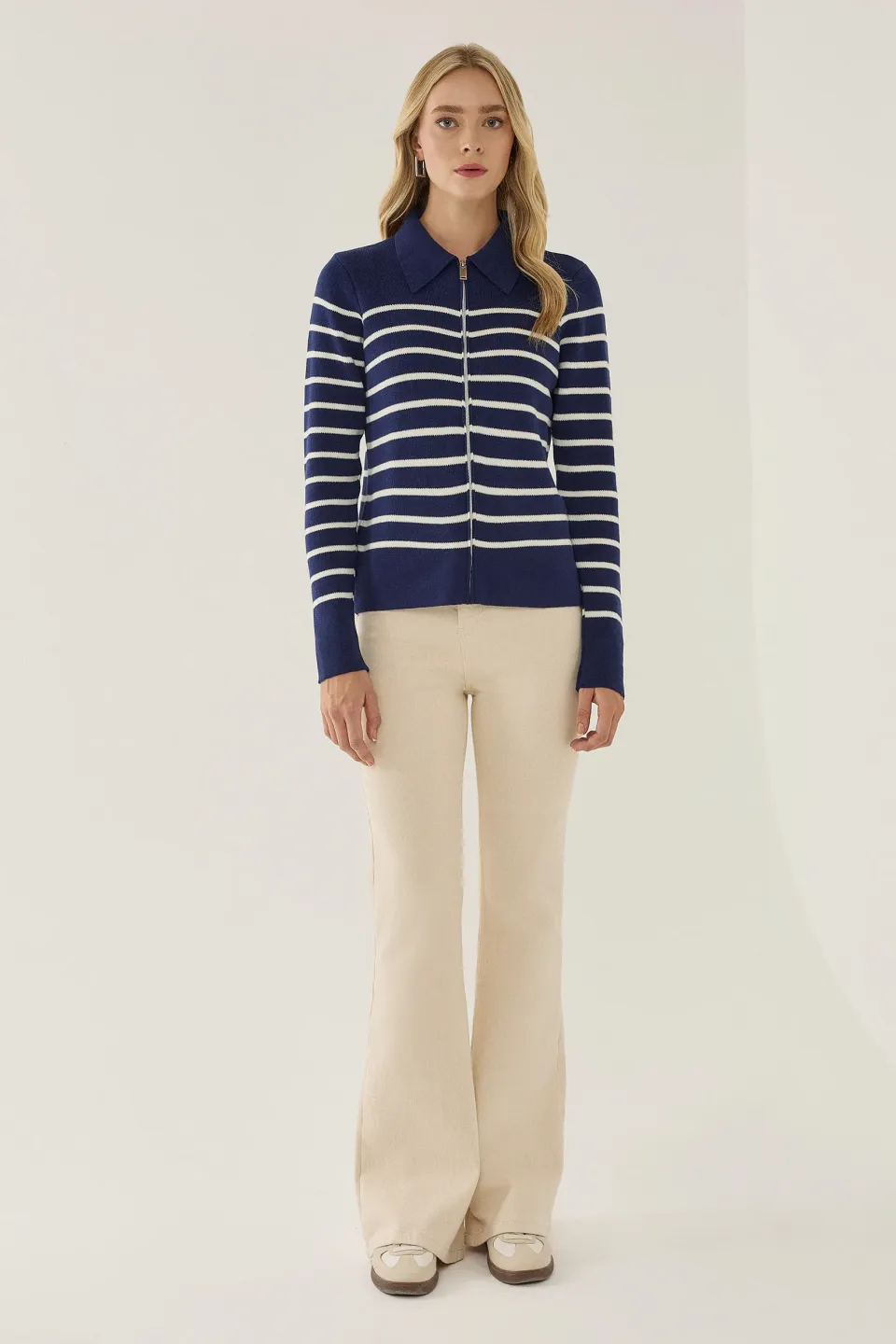 Striped Zipper Cardigan with Shirt Collar