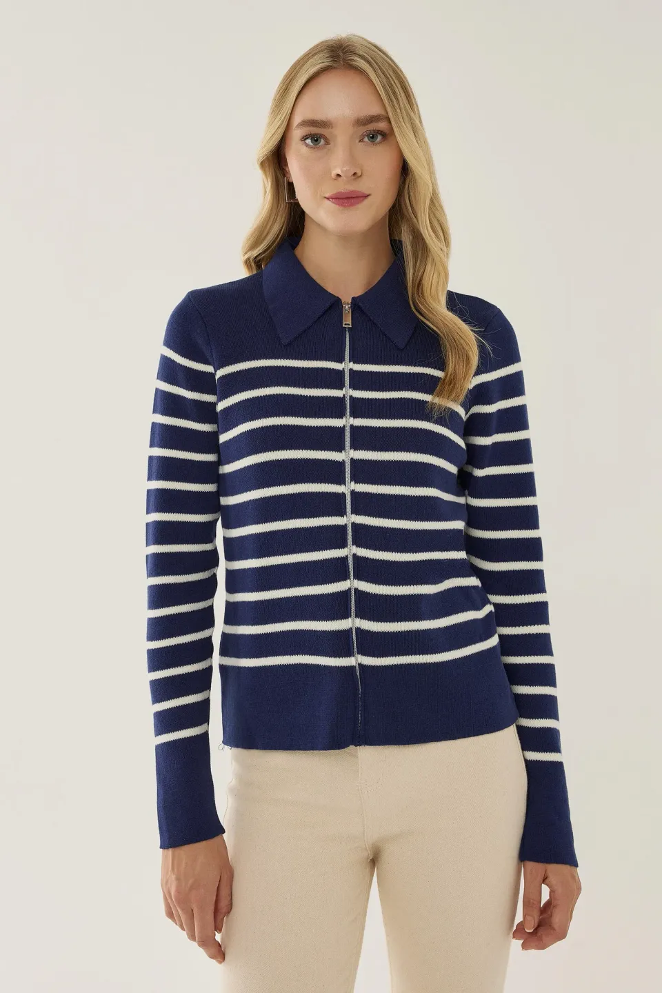 Striped Zipper Cardigan with Shirt Collar