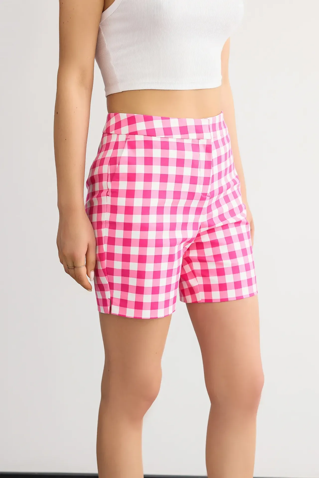 Checked High-Waist Elastic Waist Shorts