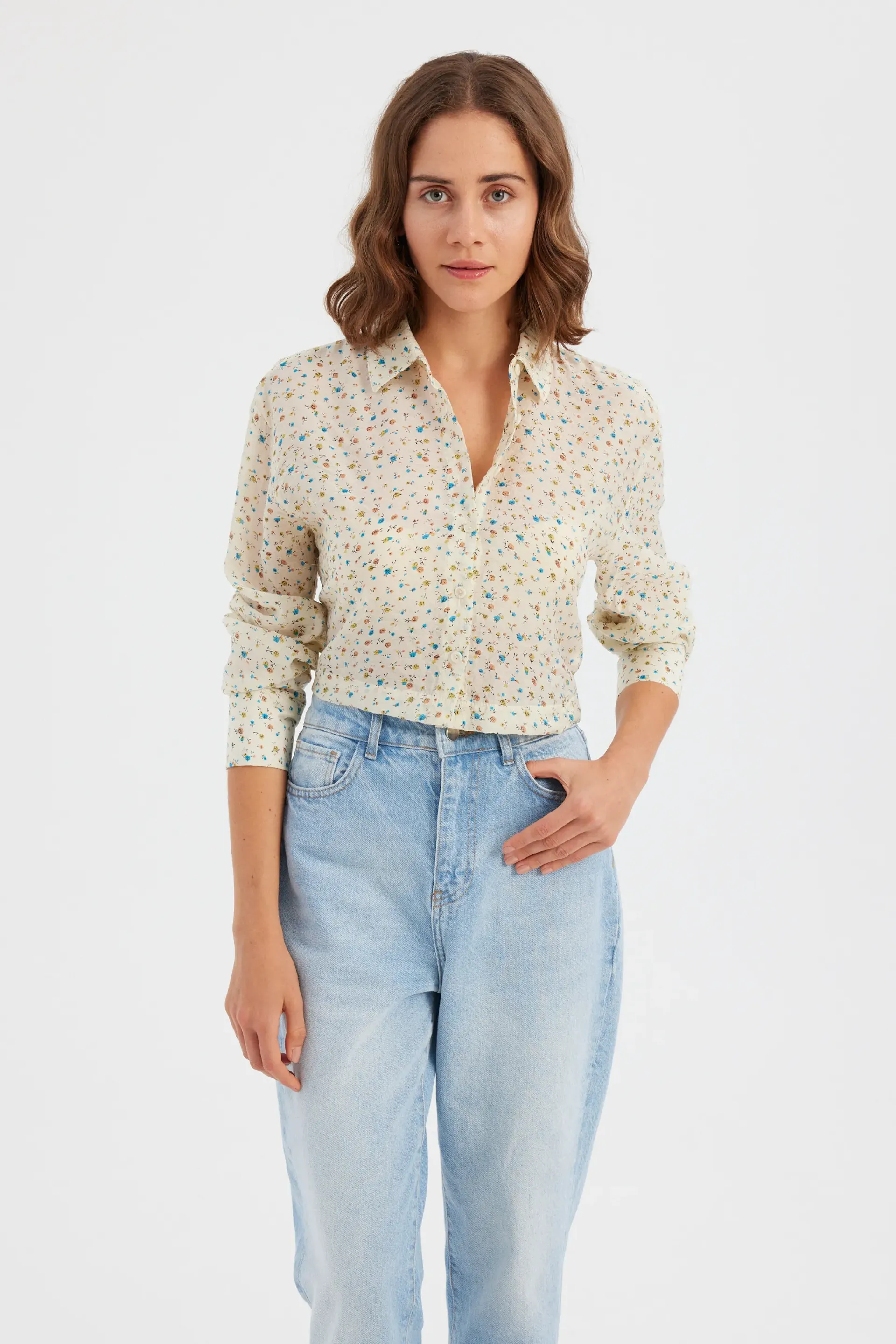 White Floral Woven Long Sleeve Shirt Women