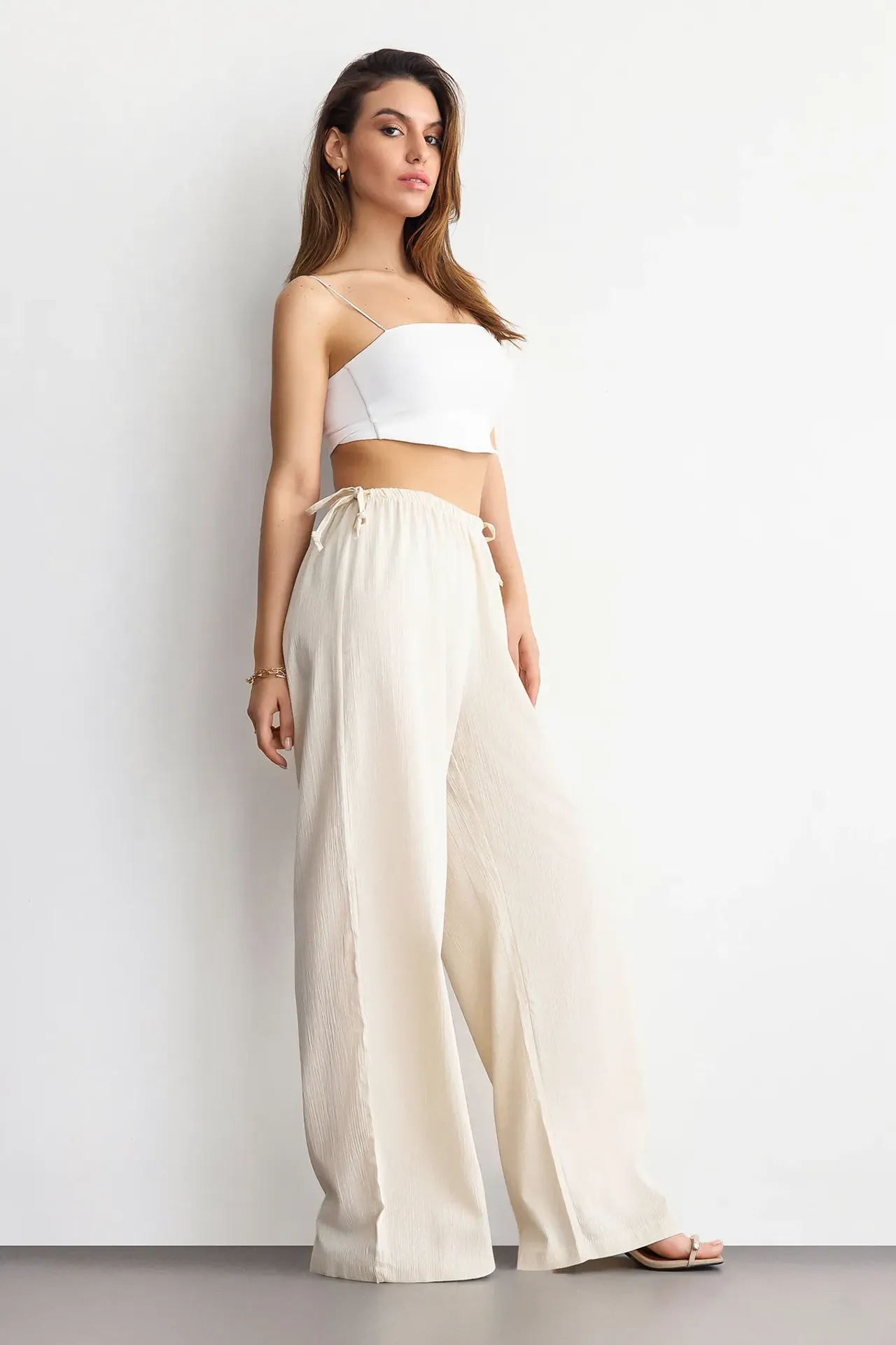 Wide-Leg Drawstring Pants with Bow and Tie-Side