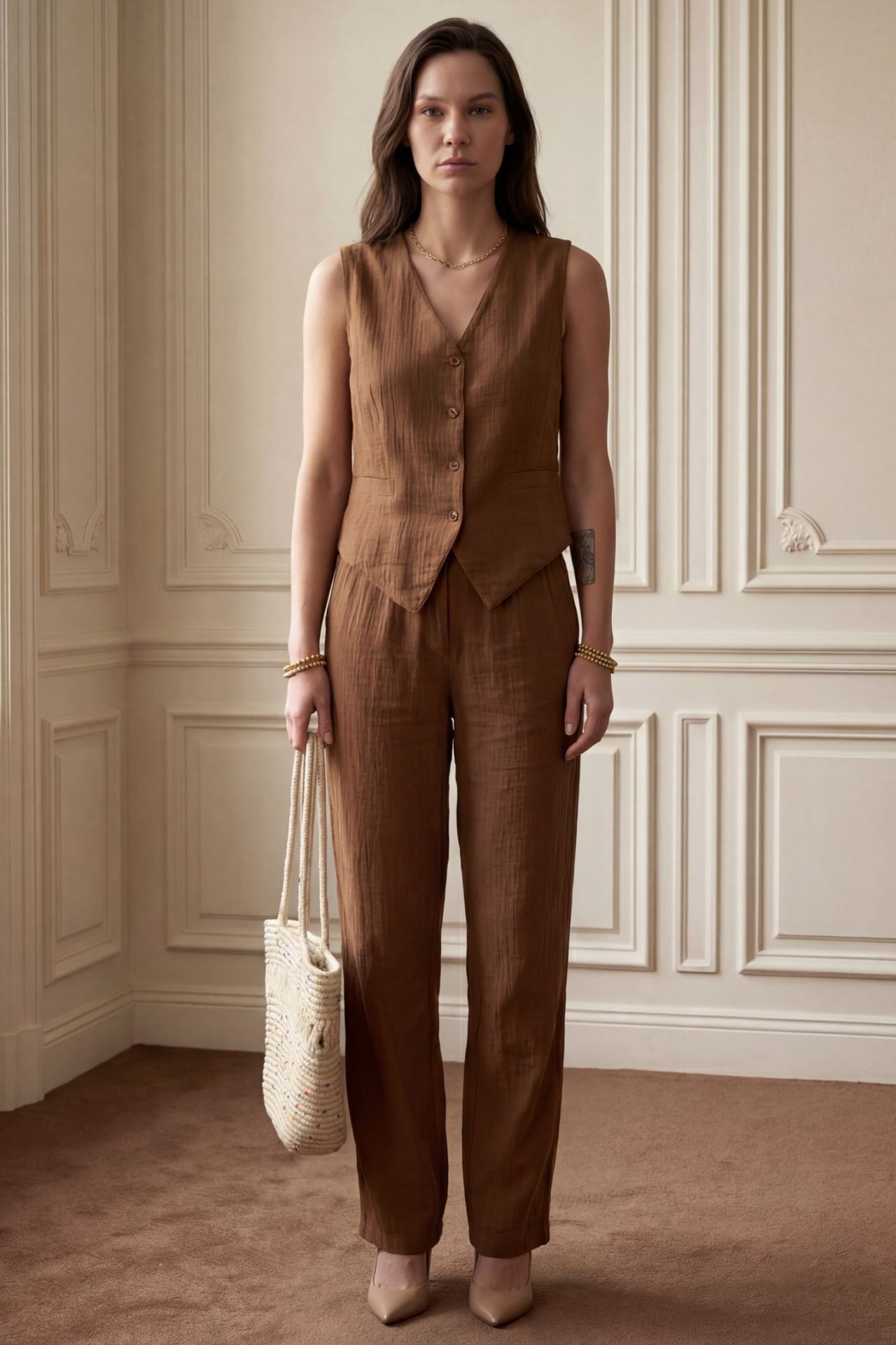  MY FASHION Textured Cotton V-Neck Vest & Pants Two-Piece Set 5