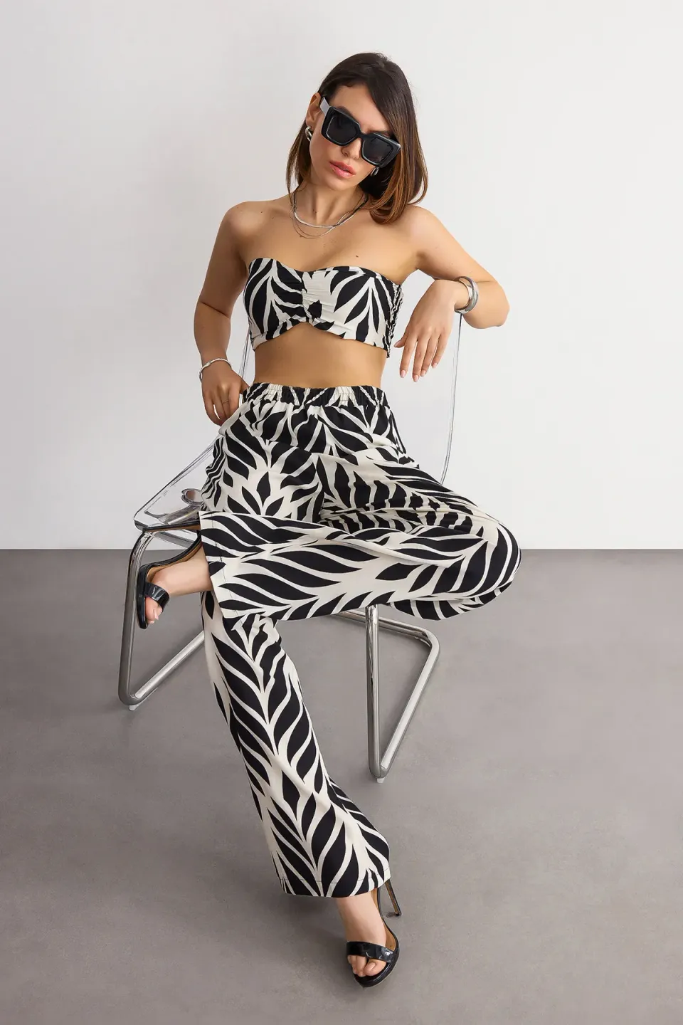 Patterned Wide-Leg Trousers with Boho Details