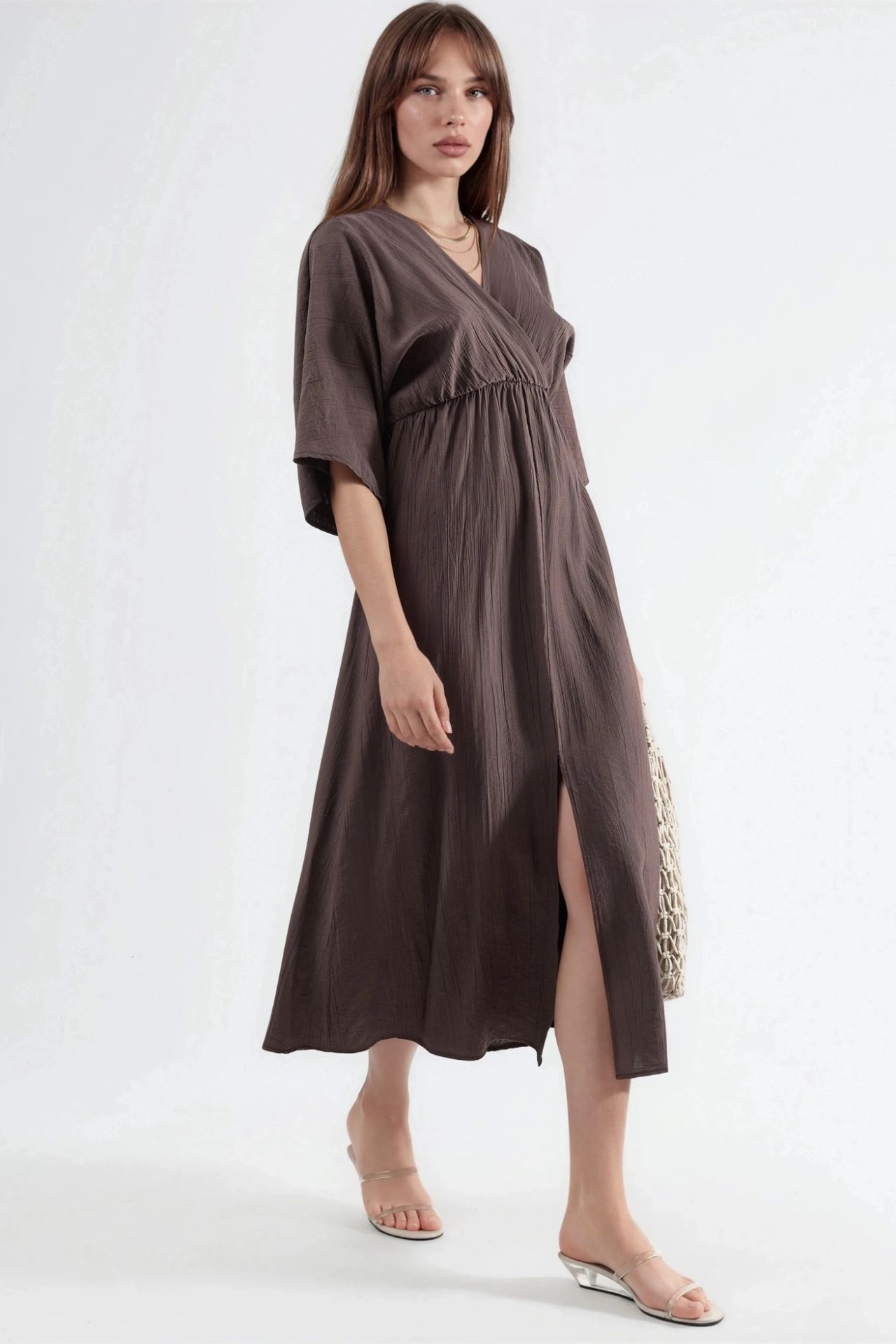 BUSEM V-Neck Midi Wrap Dress with Three Quarter Sleeves 2