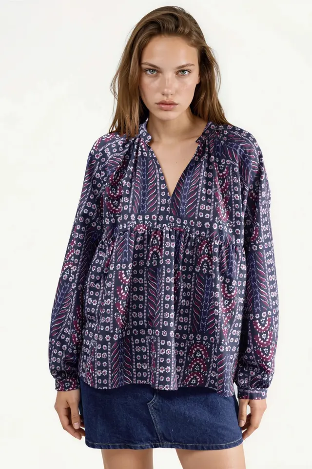 Balloon Sleeve Patterned Blouse