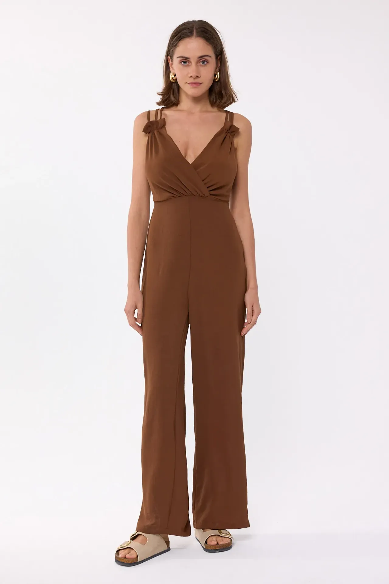 V Neck Wide-Leg Jumpsuit with Tie Detail