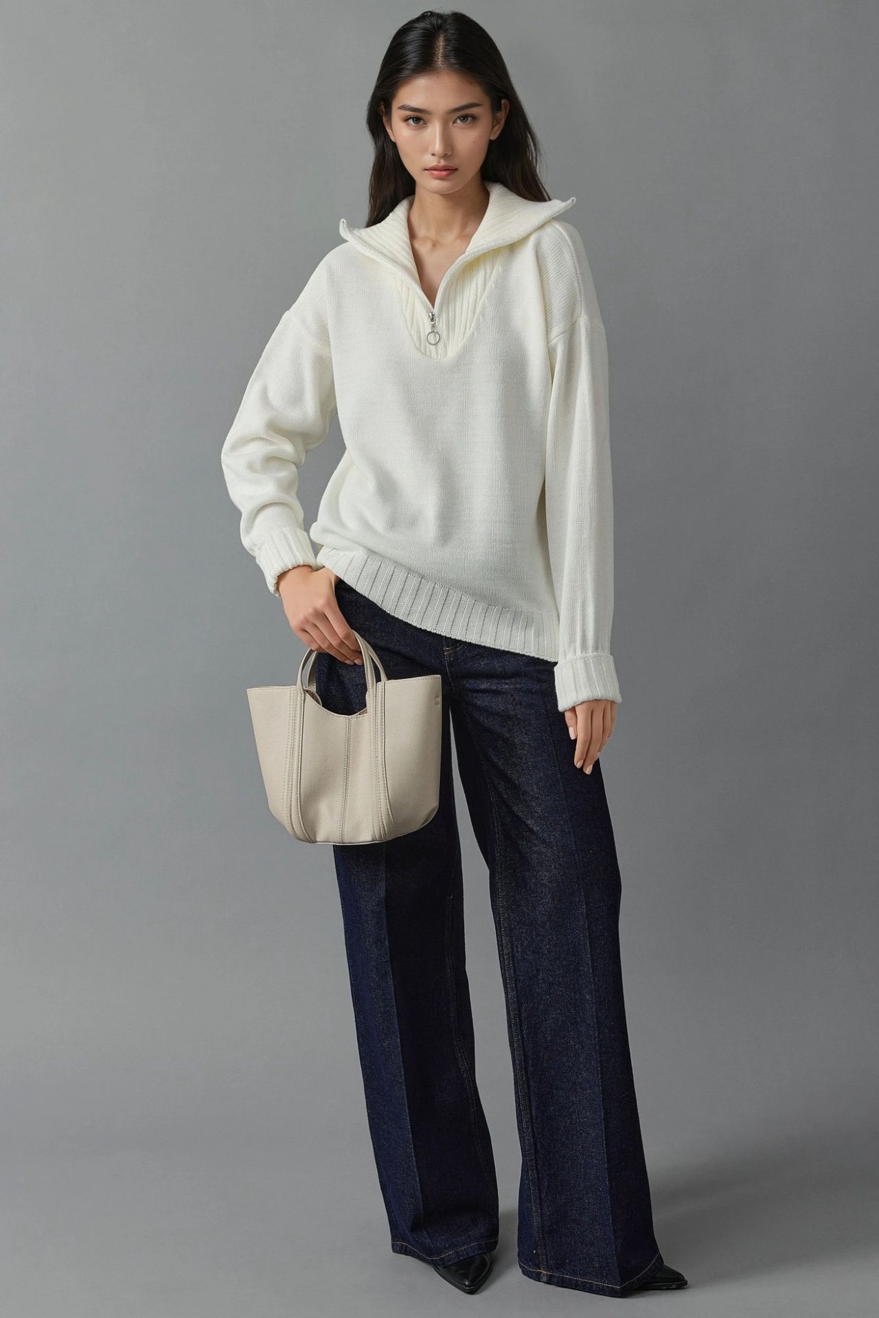 MY FASHION Oversized Ribbed Knit Sweater with Zipper Collar 3