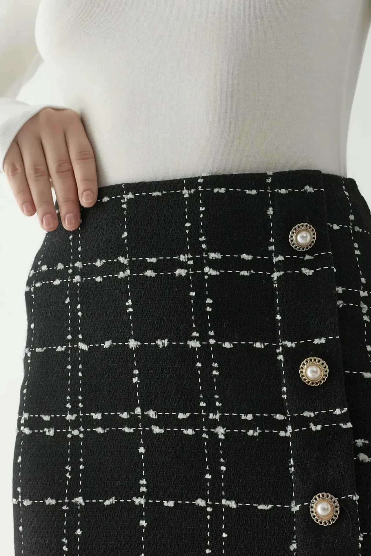 Ruffled Tweed Mini Skirt with Button Detail