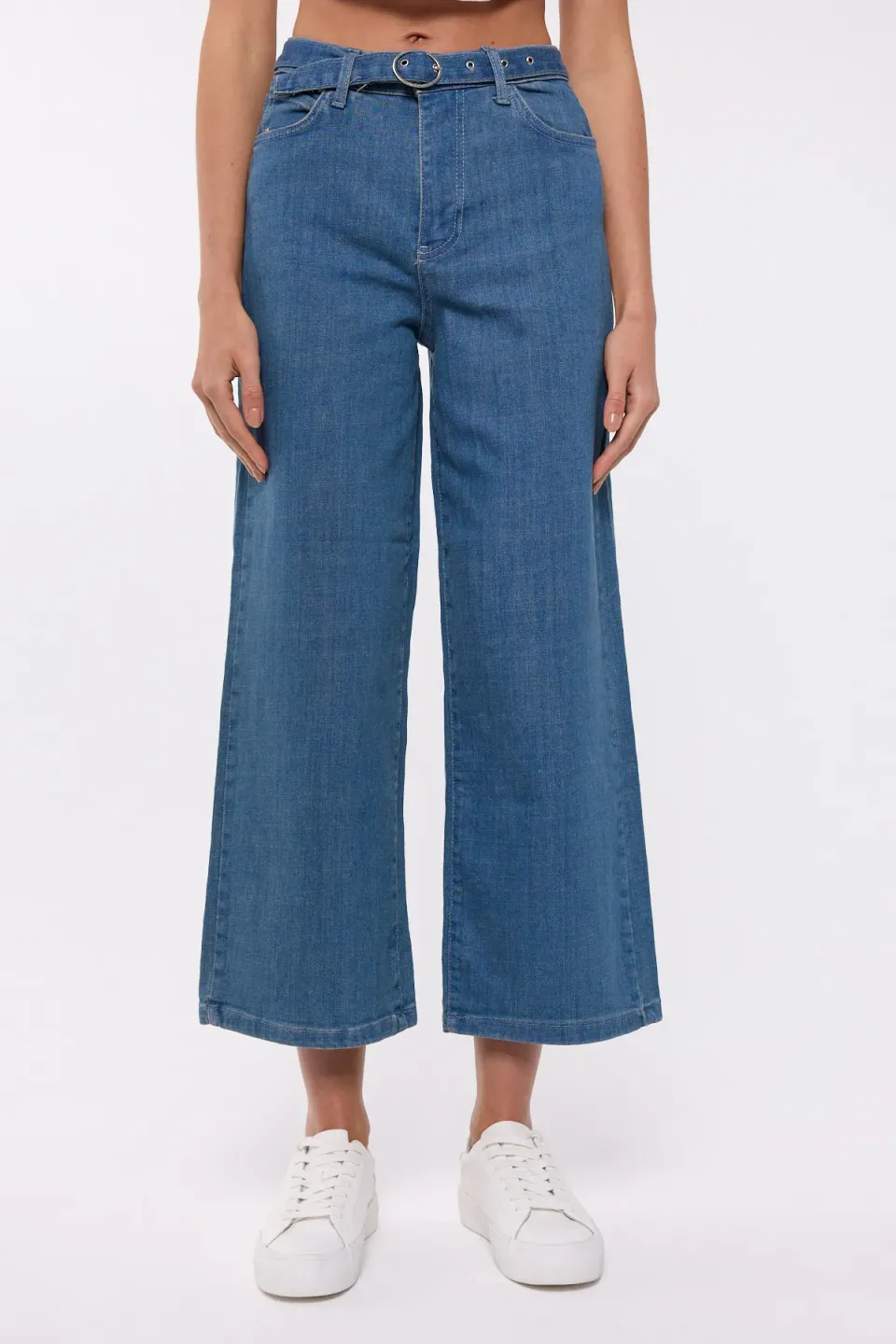 Wide-Leg Denim Jeans with Belt Detail
