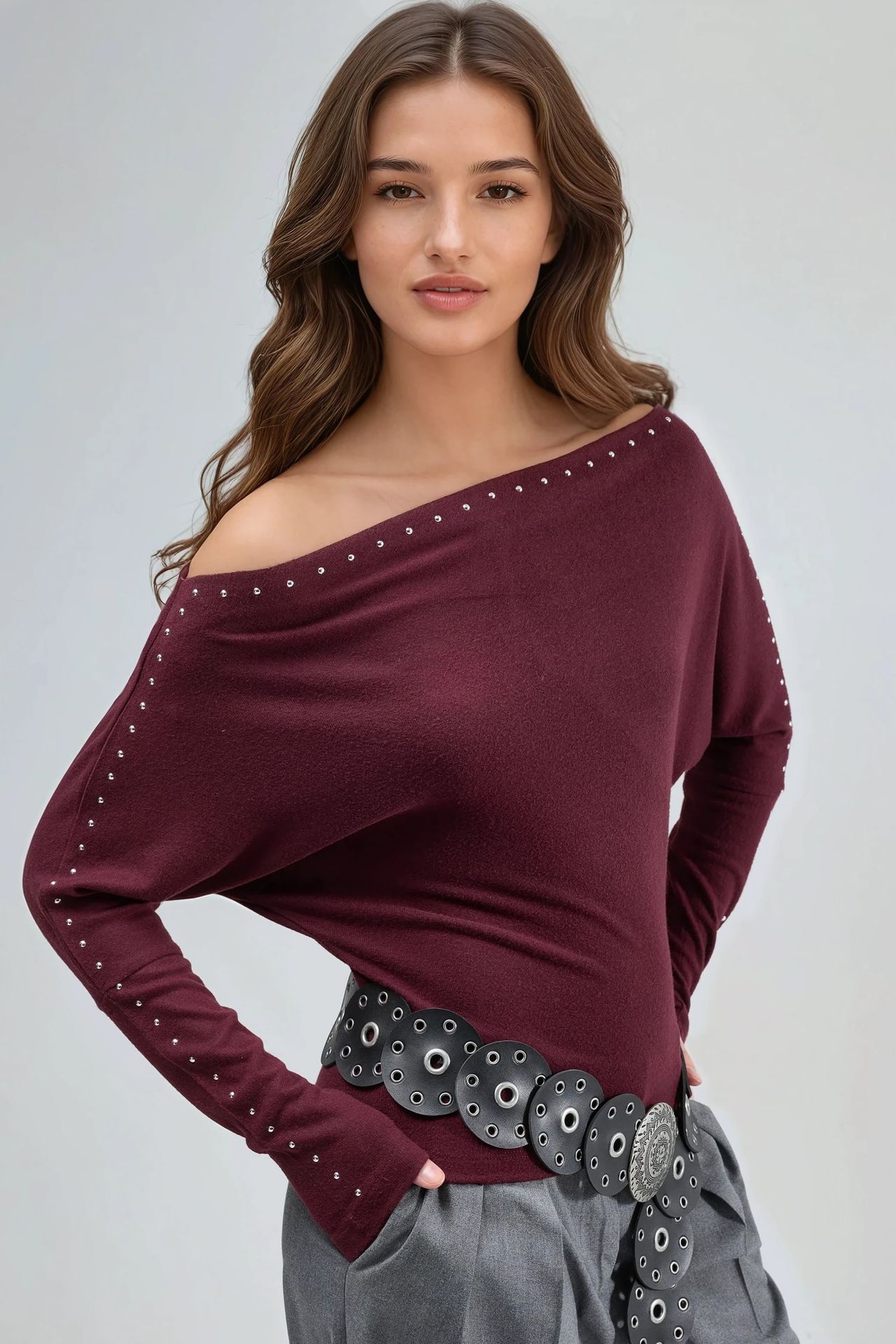 BUSEM Boat Neck Blouse with Stone Accessory 2