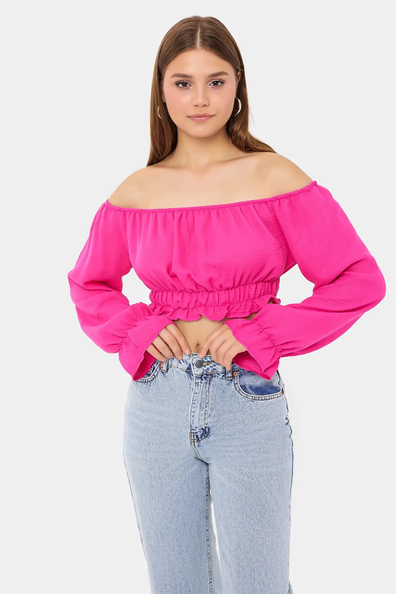 Off-Shoulder Linen Cropped Top with Long Sleeves and Ruffle Detail