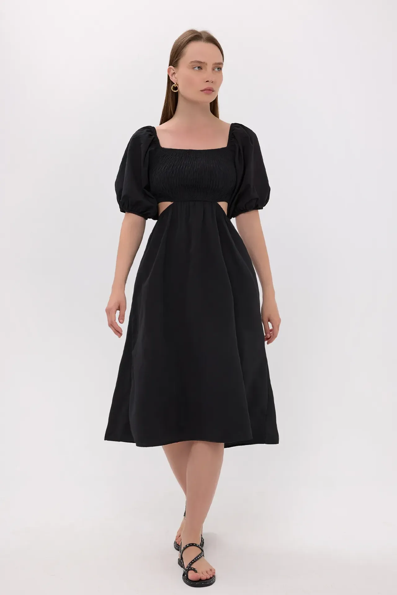 Cotton Square-Neck Midi Dress with Waist Detail