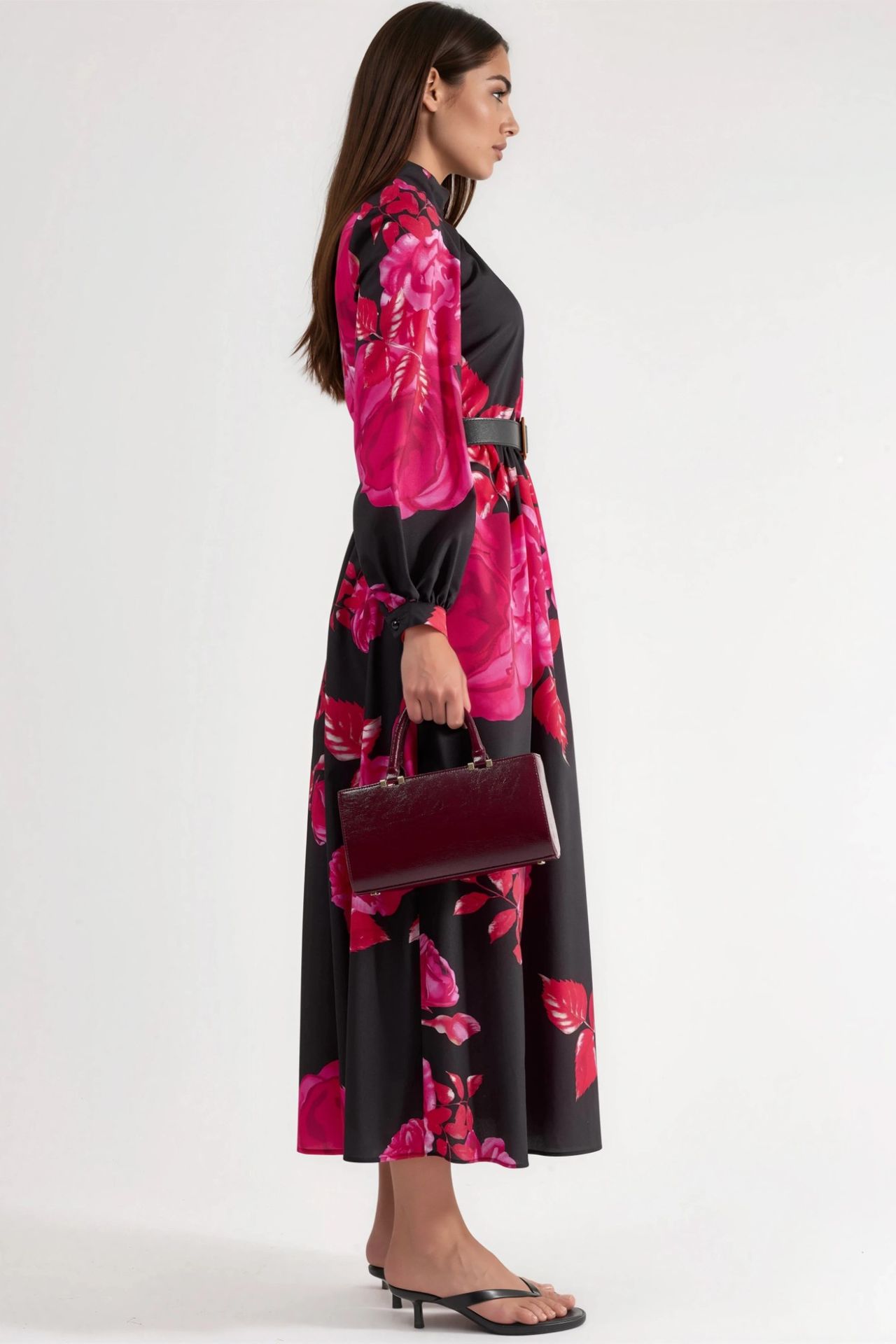 MSN Floral Belted Maxi Dress with Half Turtleneck 3