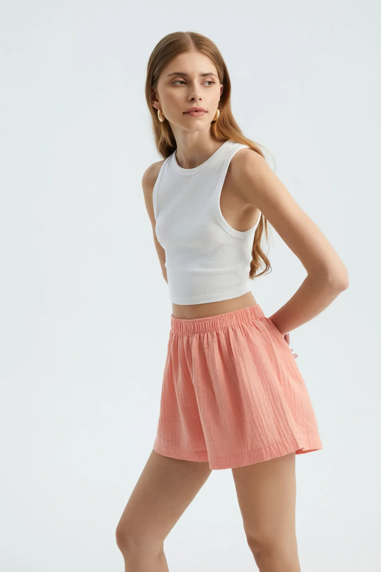 Linen High Waist Elastic Waist Shorts