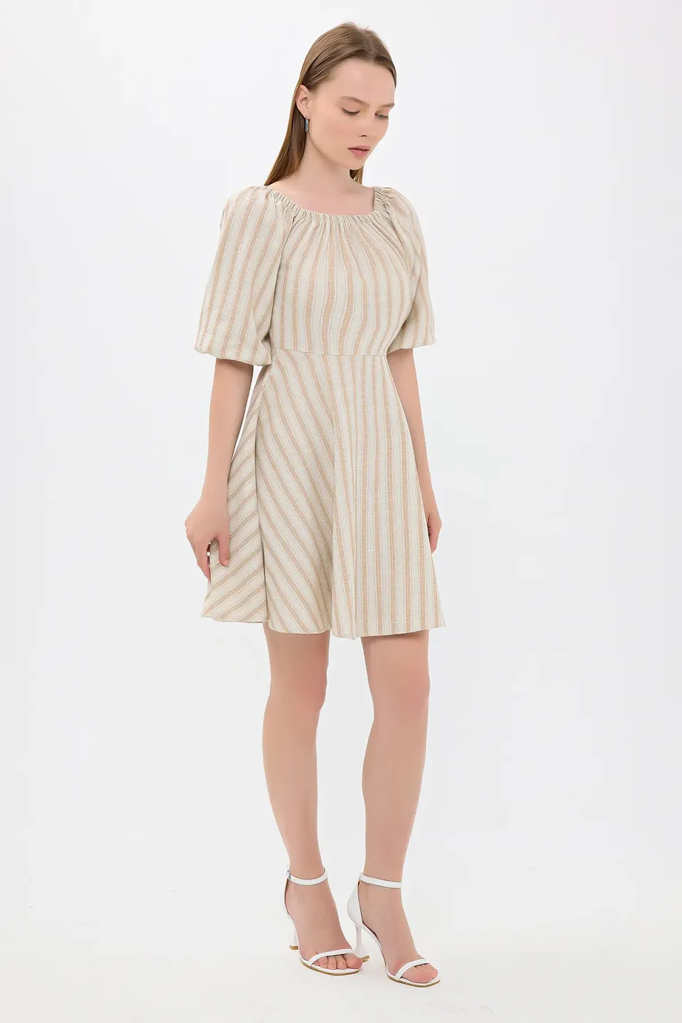 Striped Off Shoulder Balloon Sleeves Mini Dress