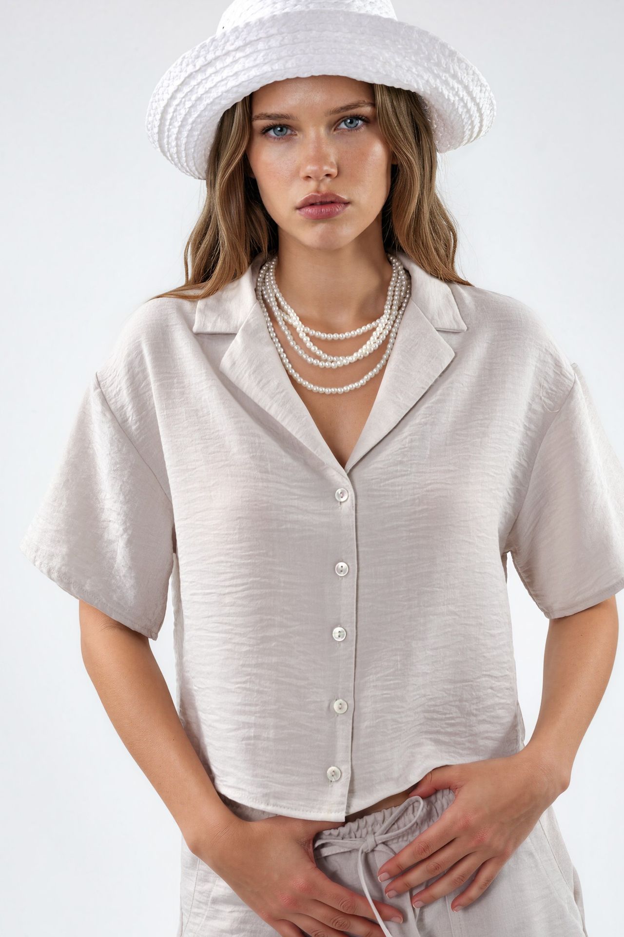 BUSEM Textured Crop Shirt with Button Closure 1