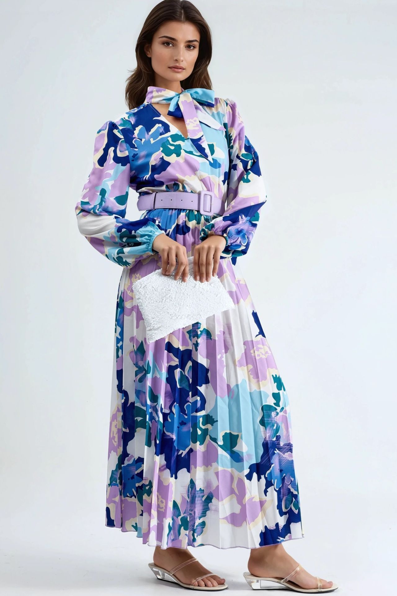 MSN Abstract Print Midi Dress with Choker Collar